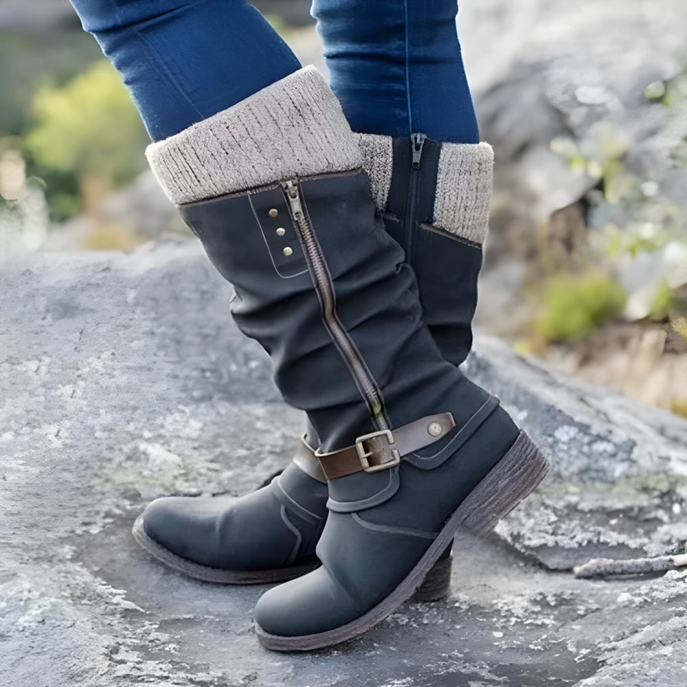 Betterthy Women’s Leather Flat Heel Mid-Calf Zipper Boots