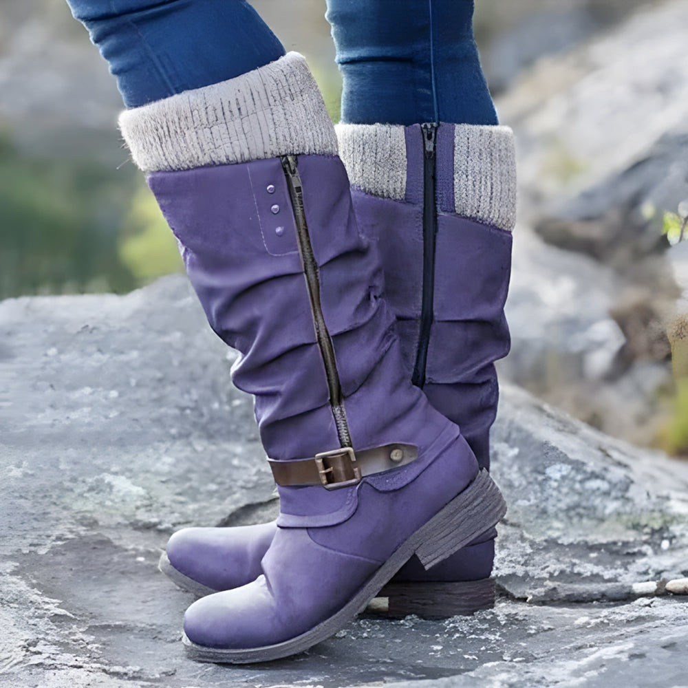 Betterthy Women’s Leather Flat Heel Mid-Calf Zipper Boots