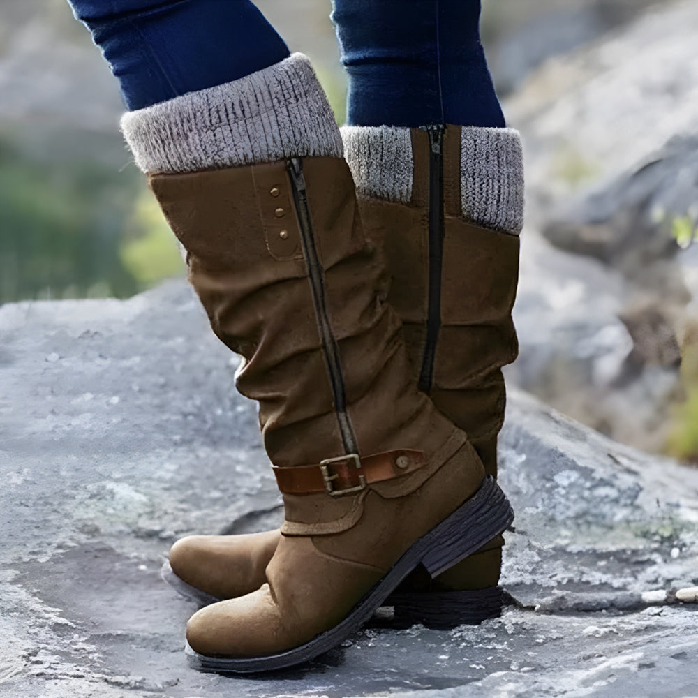 Betterthy Women’s Leather Flat Heel Mid-Calf Zipper Boots