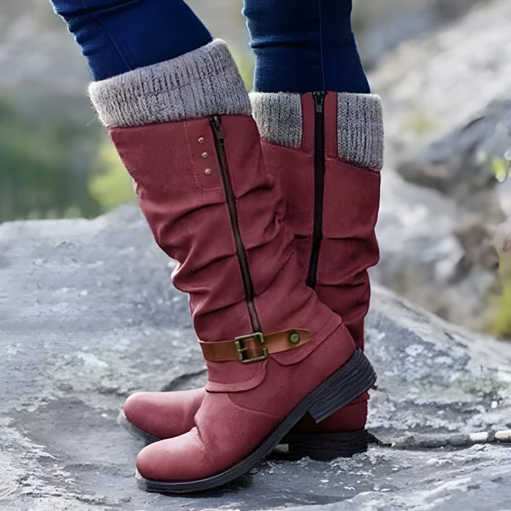 Betterthy Women’s Leather Flat Heel Mid-Calf Zipper Boots