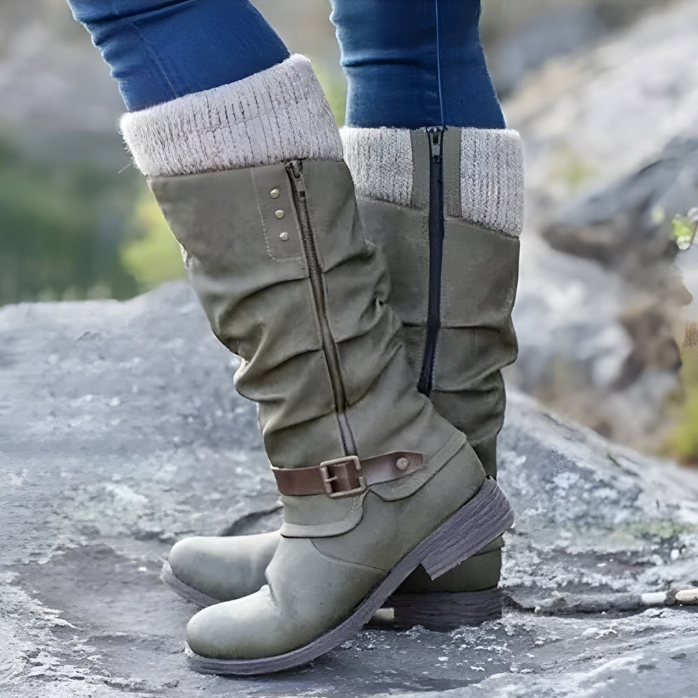 Betterthy Women’s Leather Flat Heel Mid-Calf Zipper Boots