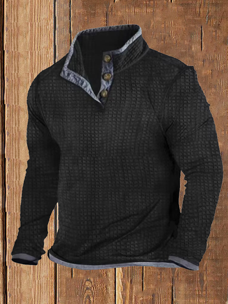 3D Printed Waffle Stand Collar Pullover Casual Long Sleeve T-Shirt