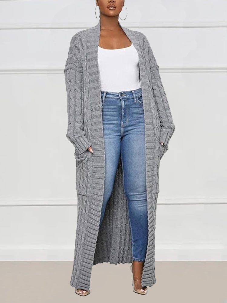Long Stylish Cable Knit Dual Pocket Sweater Cardigan