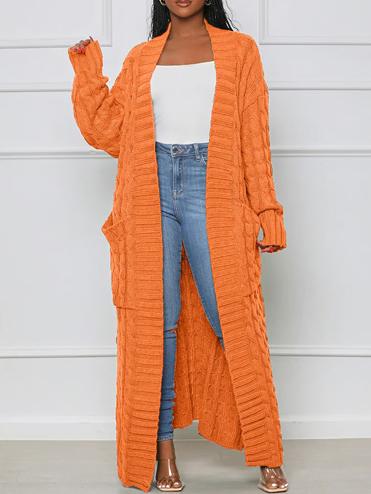 Long Stylish Cable Knit Dual Pocket Sweater Cardigan