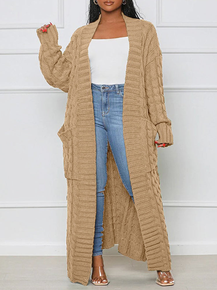 Long Stylish Cable Knit Dual Pocket Sweater Cardigan