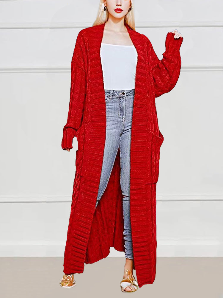 Long Stylish Cable Knit Dual Pocket Sweater Cardigan