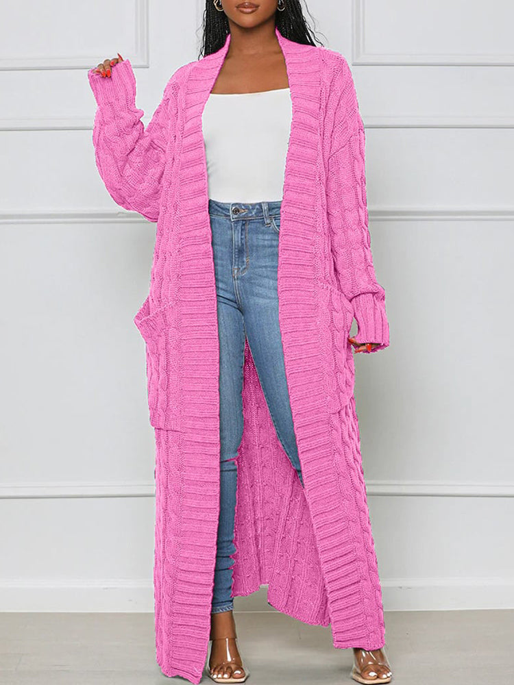 Long Stylish Cable Knit Dual Pocket Sweater Cardigan