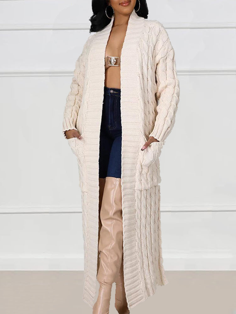 Long Stylish Cable Knit Dual Pocket Sweater Cardigan