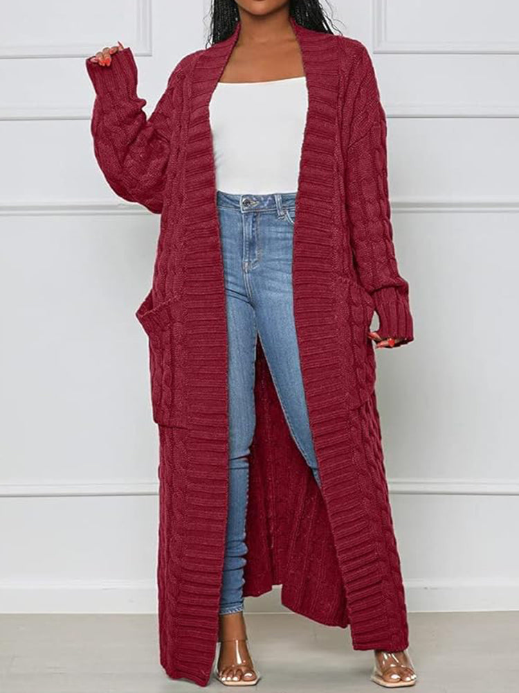 Long Stylish Cable Knit Dual Pocket Sweater Cardigan