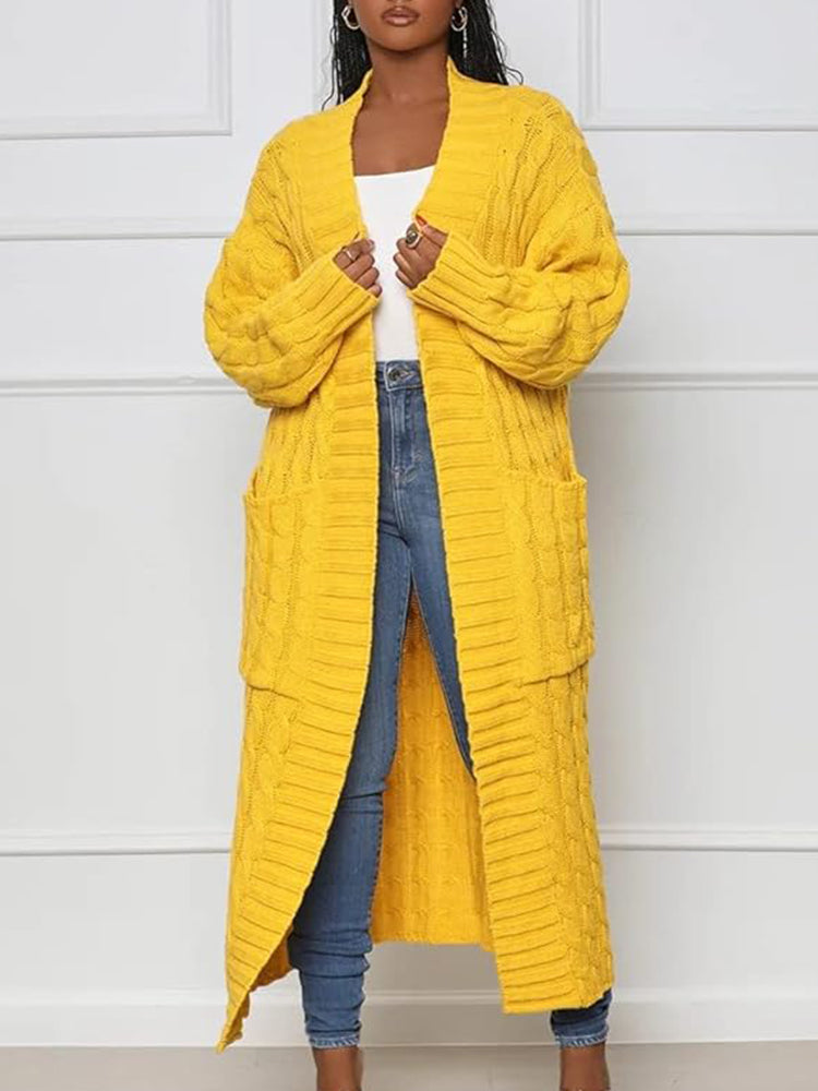 Long Stylish Cable Knit Dual Pocket Sweater Cardigan