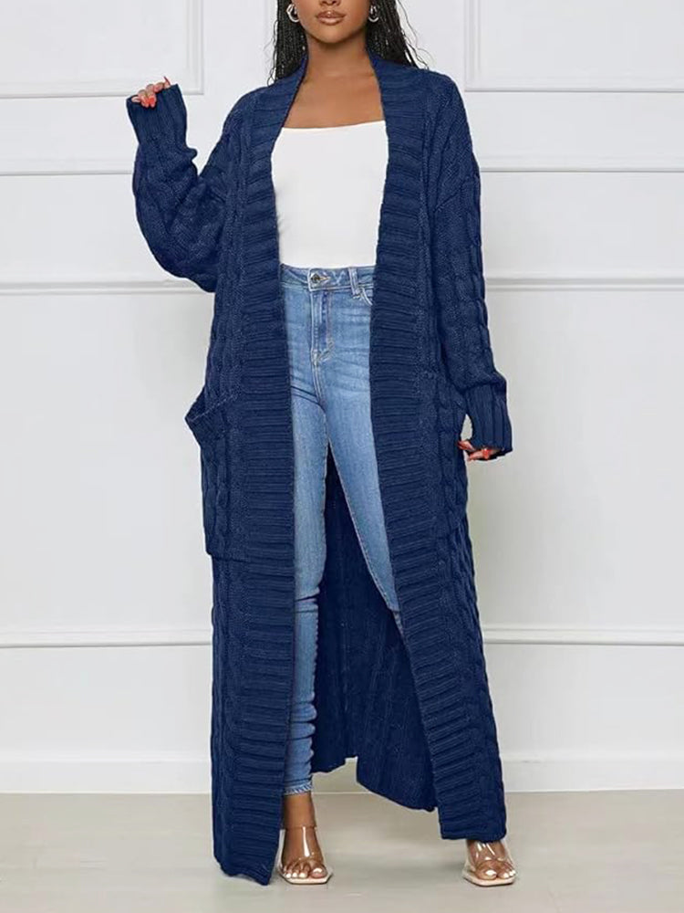 Long Stylish Cable Knit Dual Pocket Sweater Cardigan