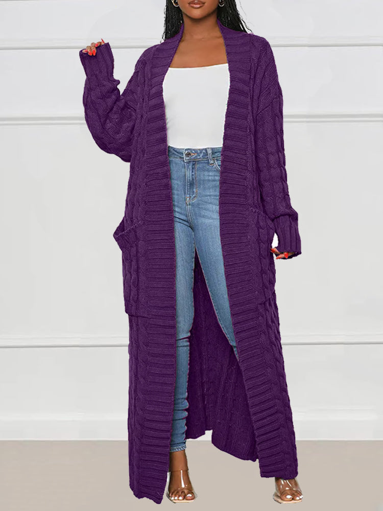 Long Stylish Cable Knit Dual Pocket Sweater Cardigan