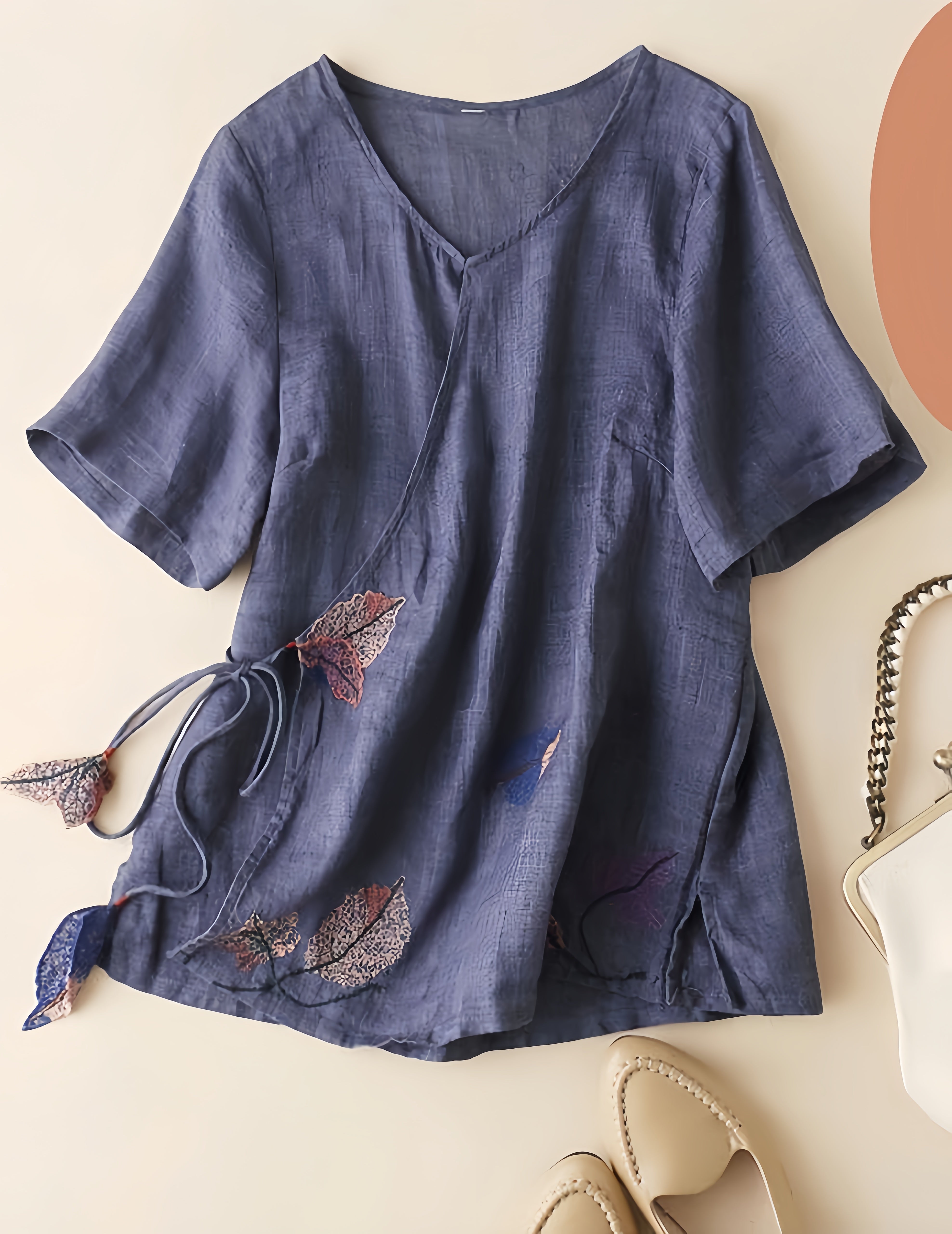 Betterthy Women's Vintage Embroidery Lace Up Cotton Linen Shirt