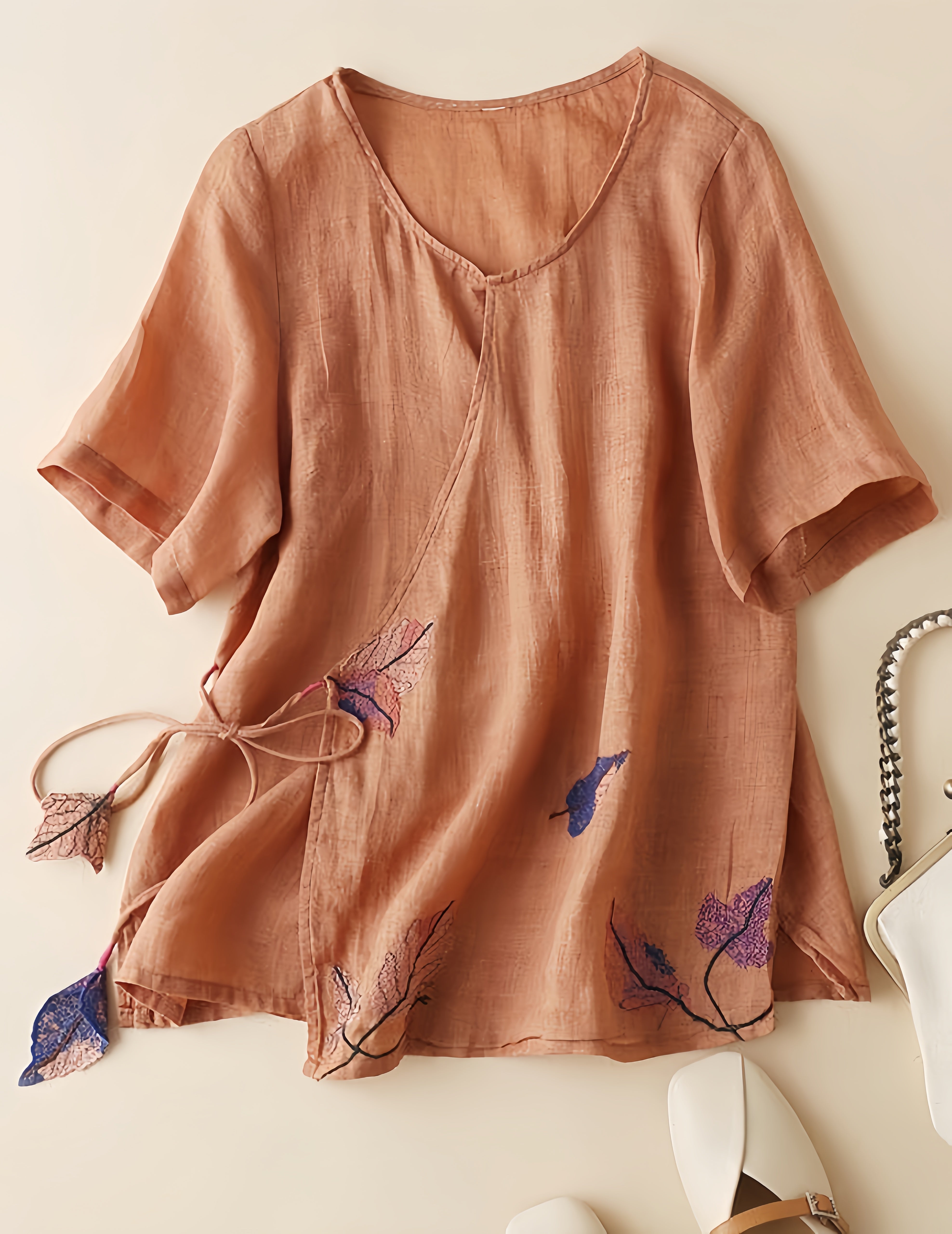 Betterthy Women's Vintage Embroidery Lace Up Cotton Linen Shirt