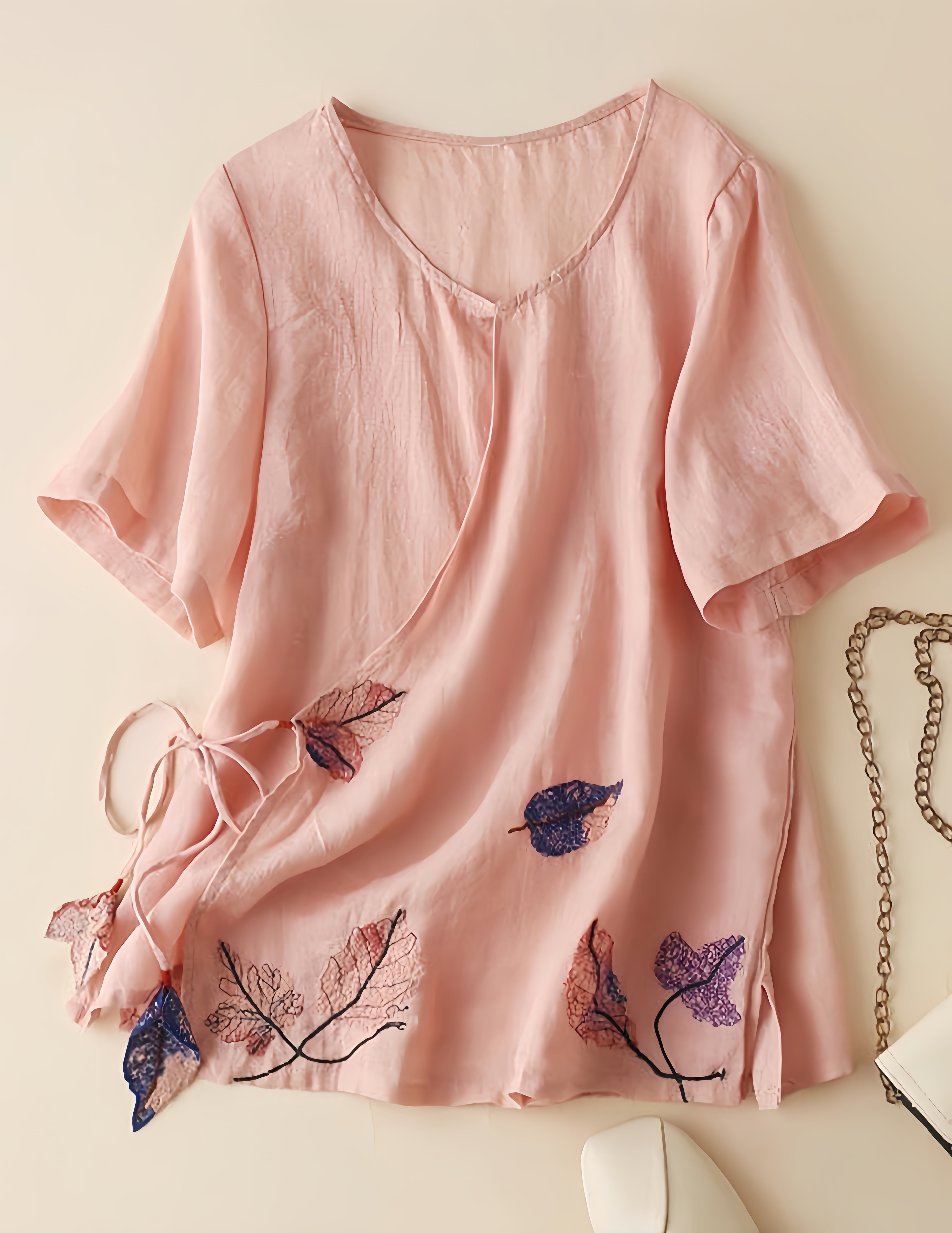 Betterthy Women's Vintage Embroidery Lace Up Cotton Linen Shirt