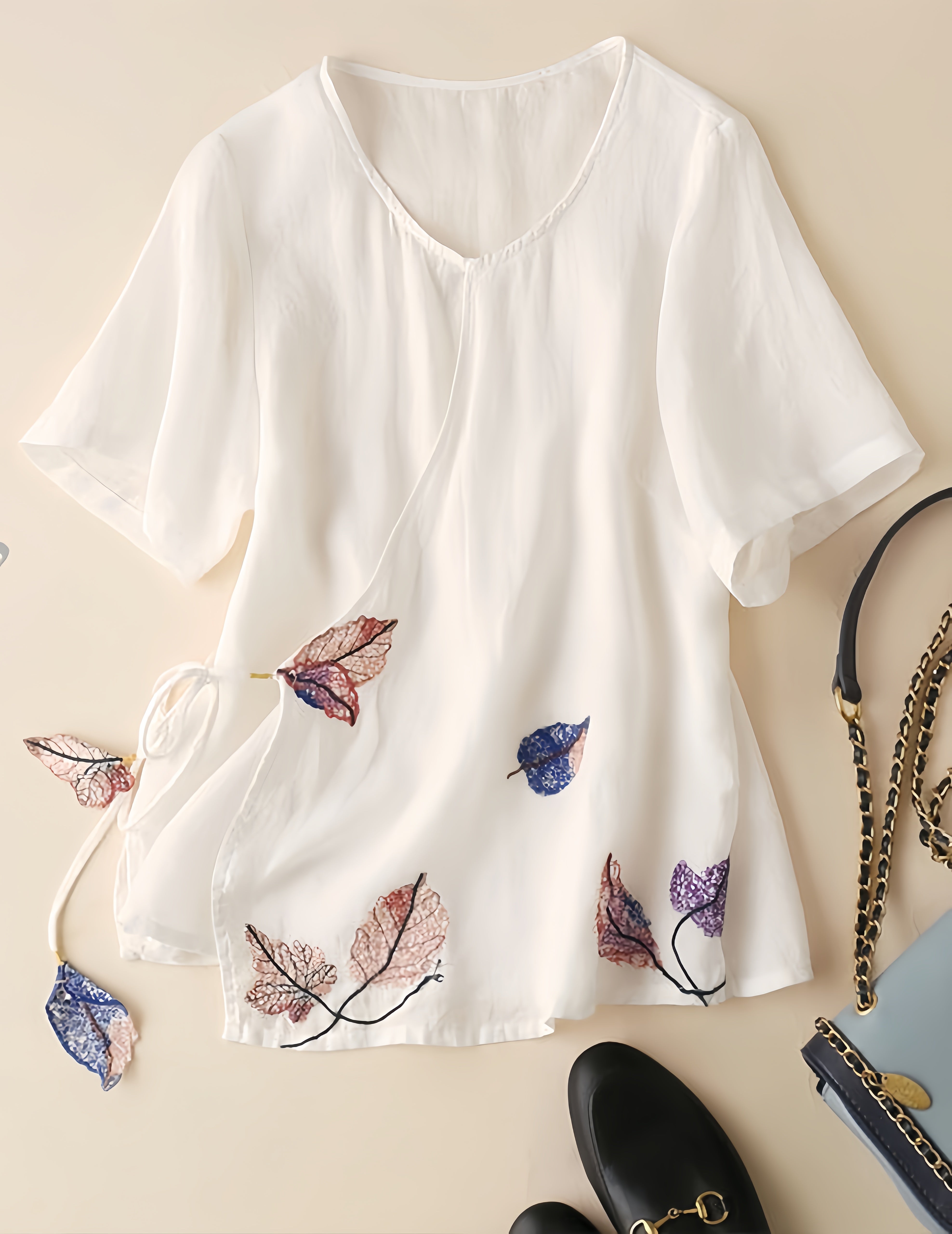 Betterthy Women's Vintage Embroidery Lace Up Cotton Linen Shirt