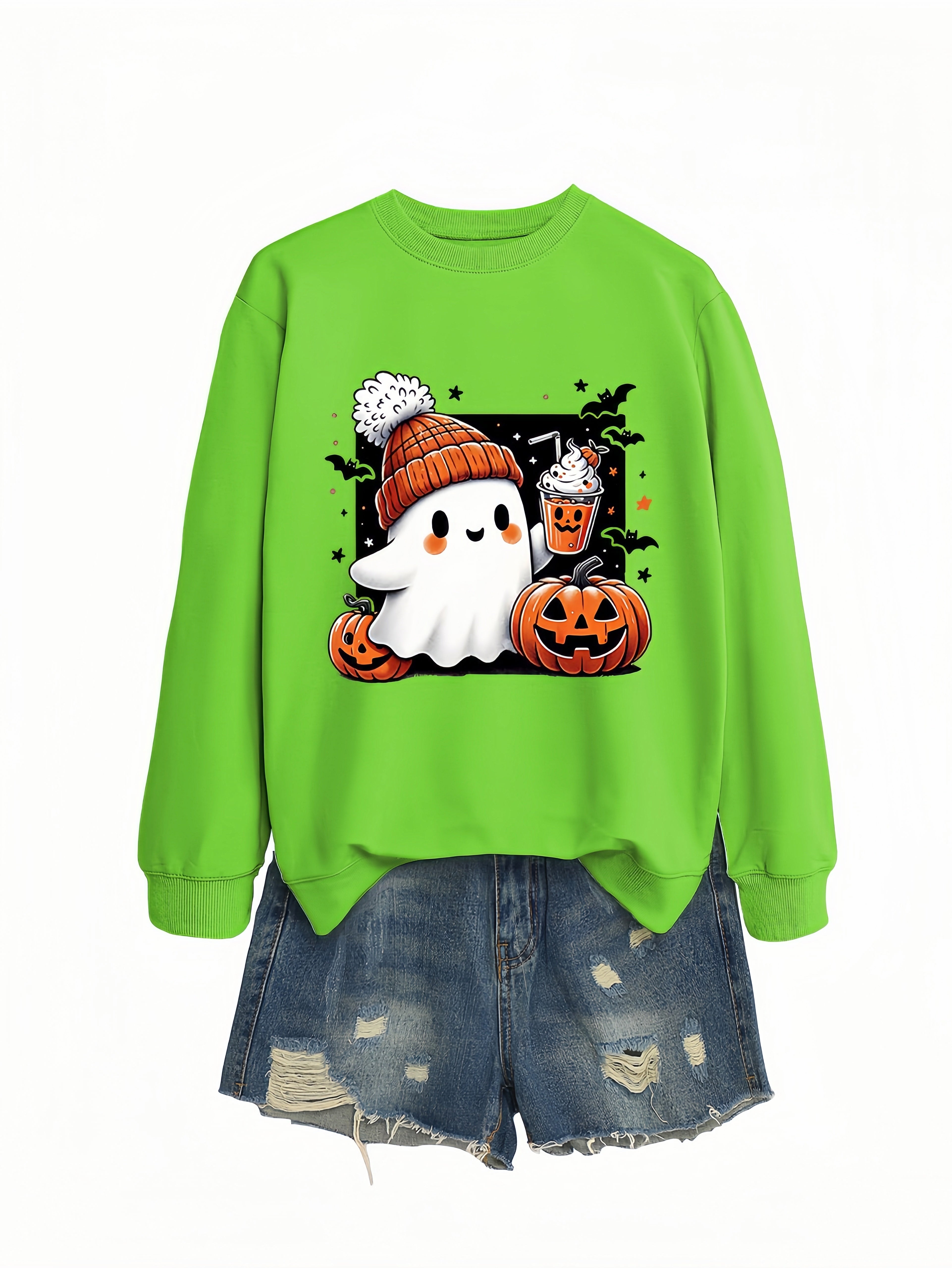 Betterthy Women's Fashionable Casual  Halloween Pumpkin Long SleeveCrewneck Sweatshirts