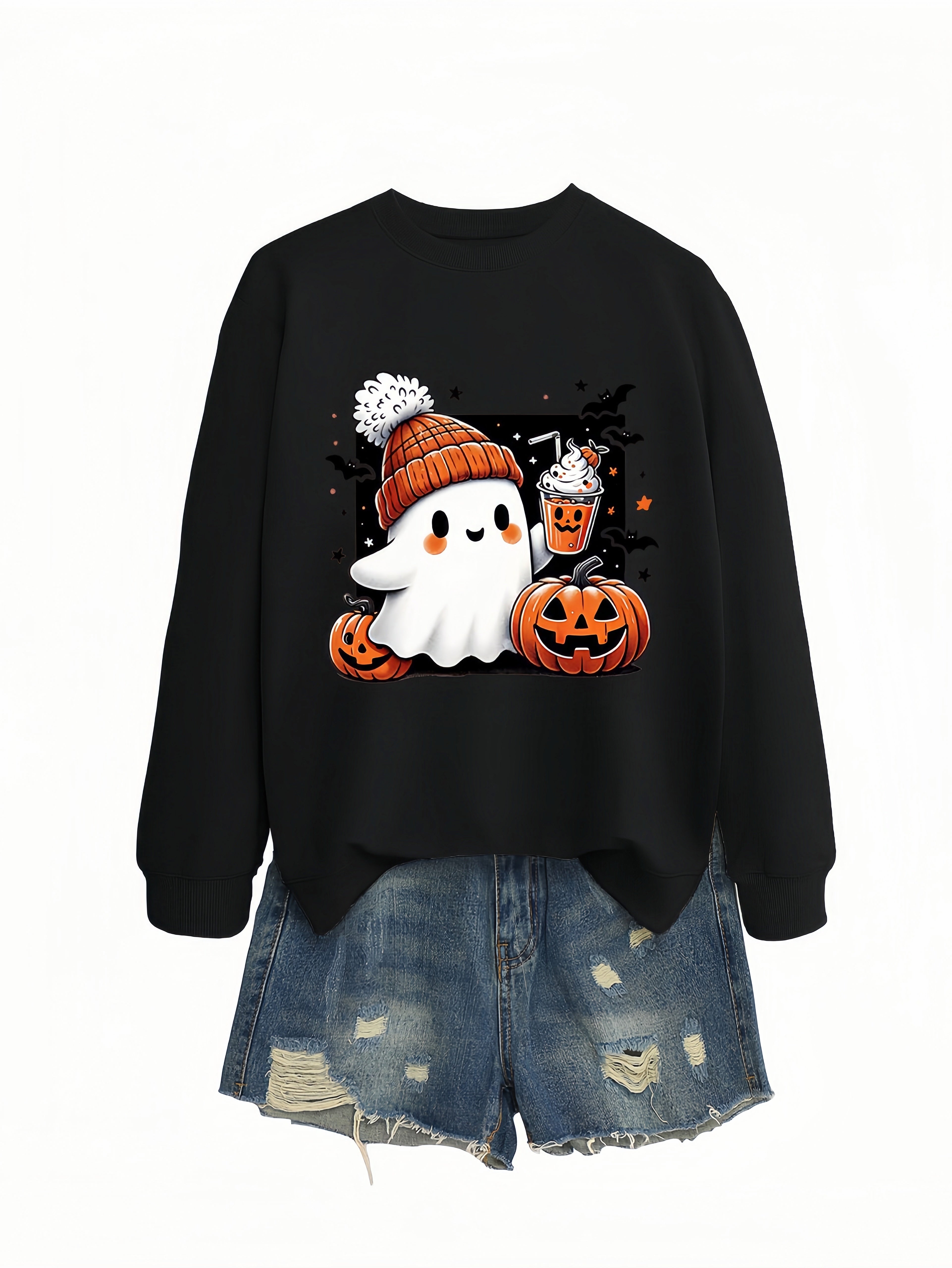 Betterthy Women's Fashionable Casual  Halloween Pumpkin Long SleeveCrewneck Sweatshirts