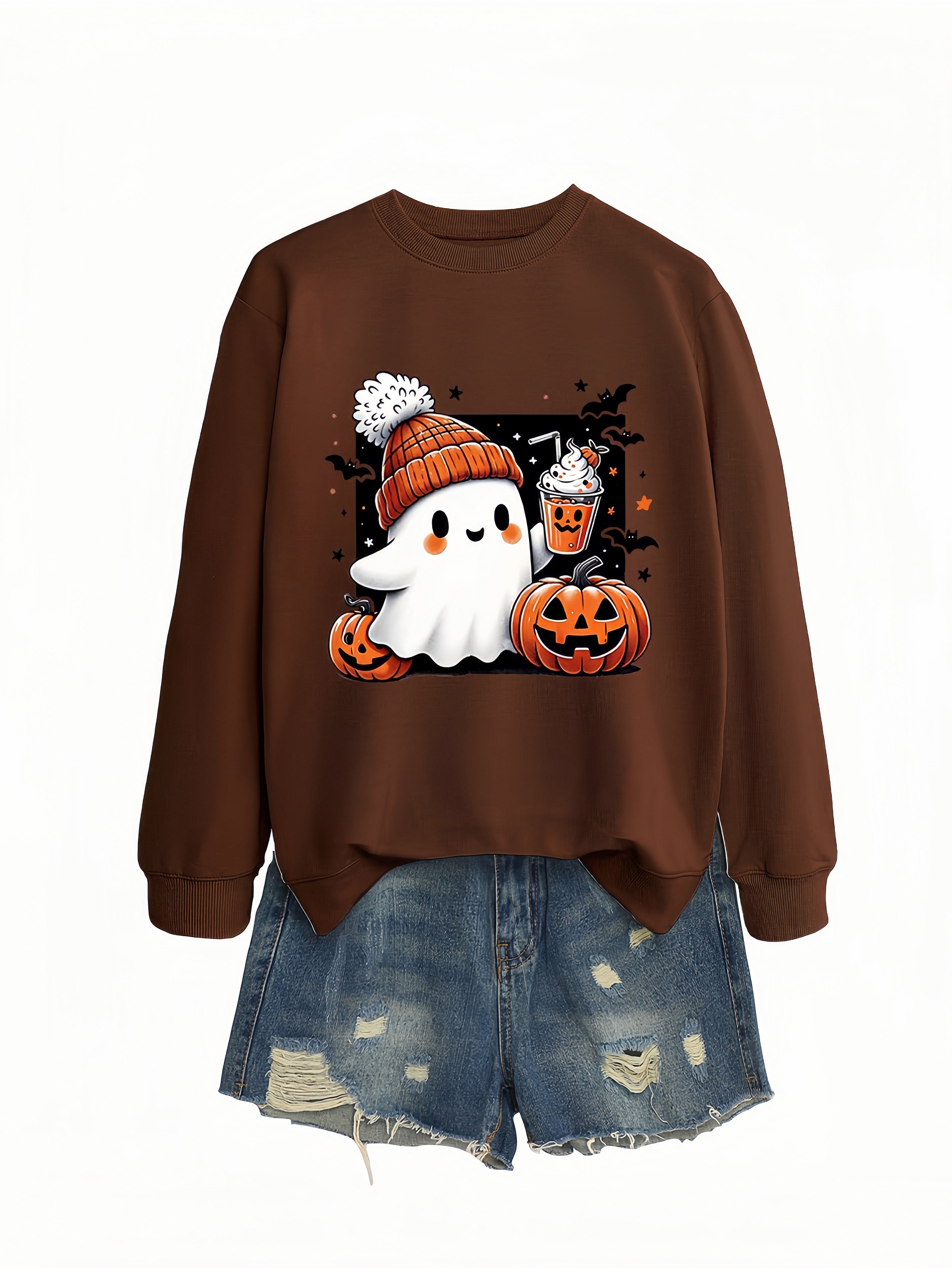 Betterthy Women's Fashionable Casual  Halloween Pumpkin Long SleeveCrewneck Sweatshirts