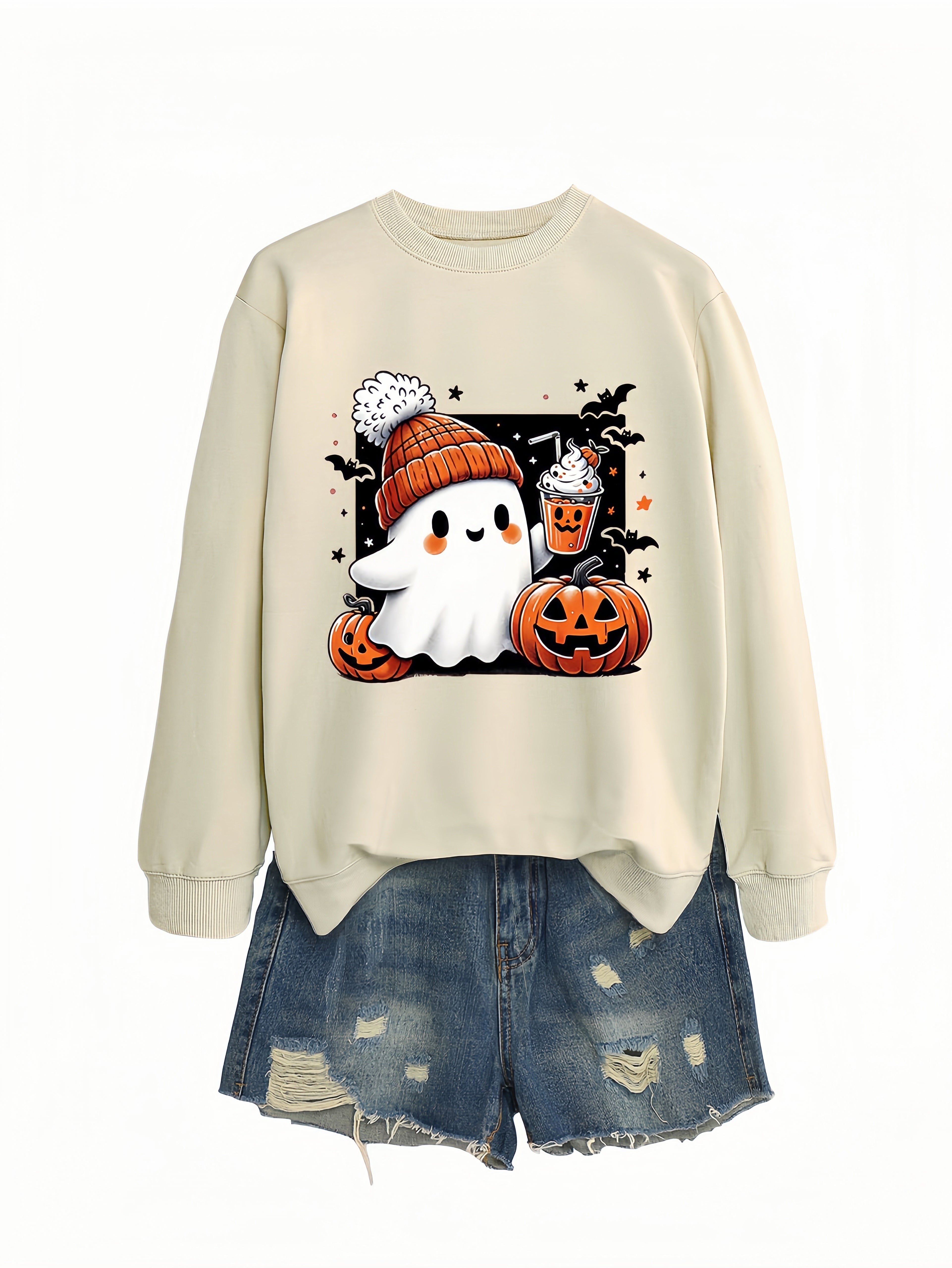 Betterthy Women's Fashionable Casual  Halloween Pumpkin Long SleeveCrewneck Sweatshirts