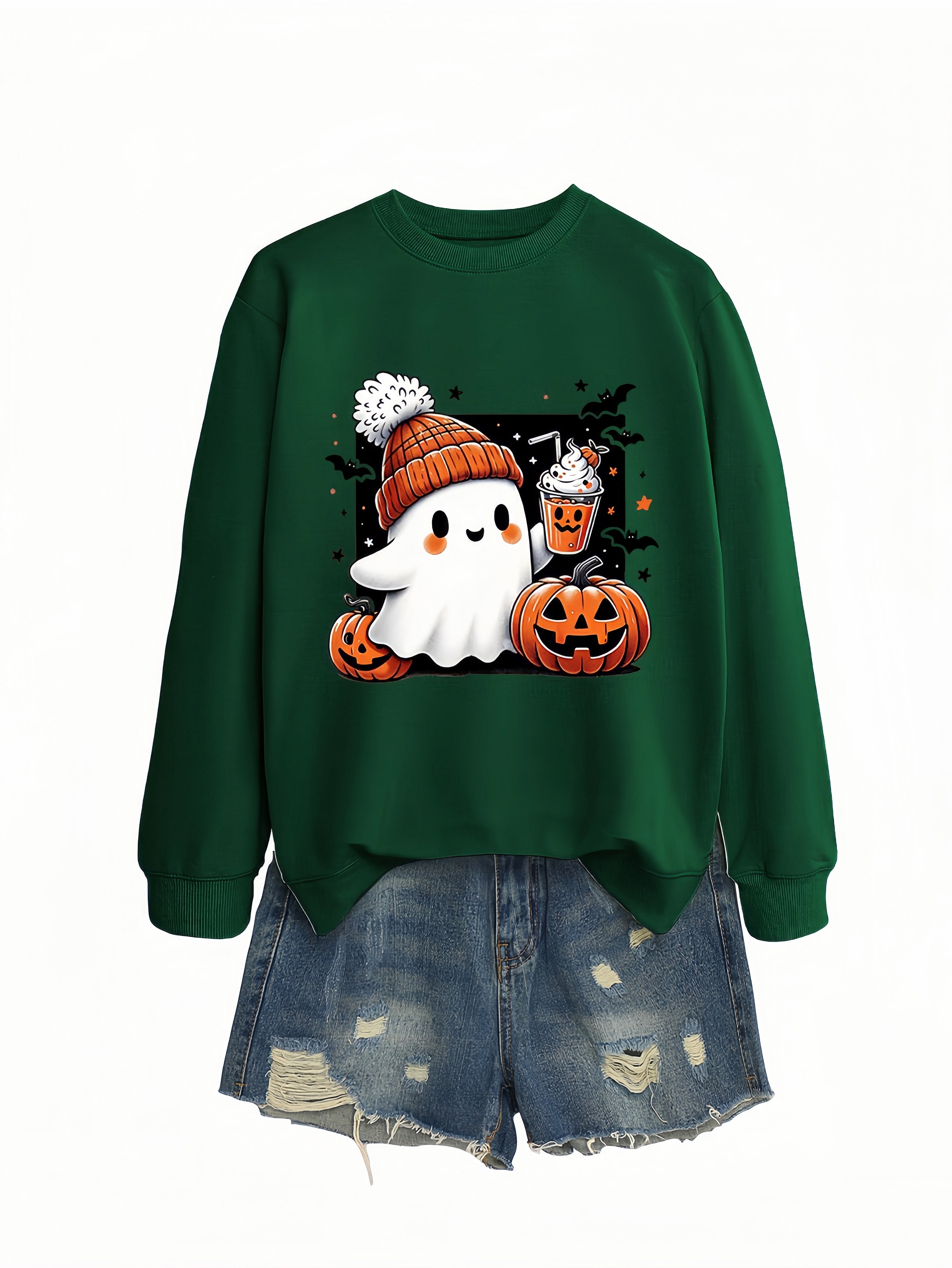 Betterthy Women's Fashionable Casual  Halloween Pumpkin Long SleeveCrewneck Sweatshirts