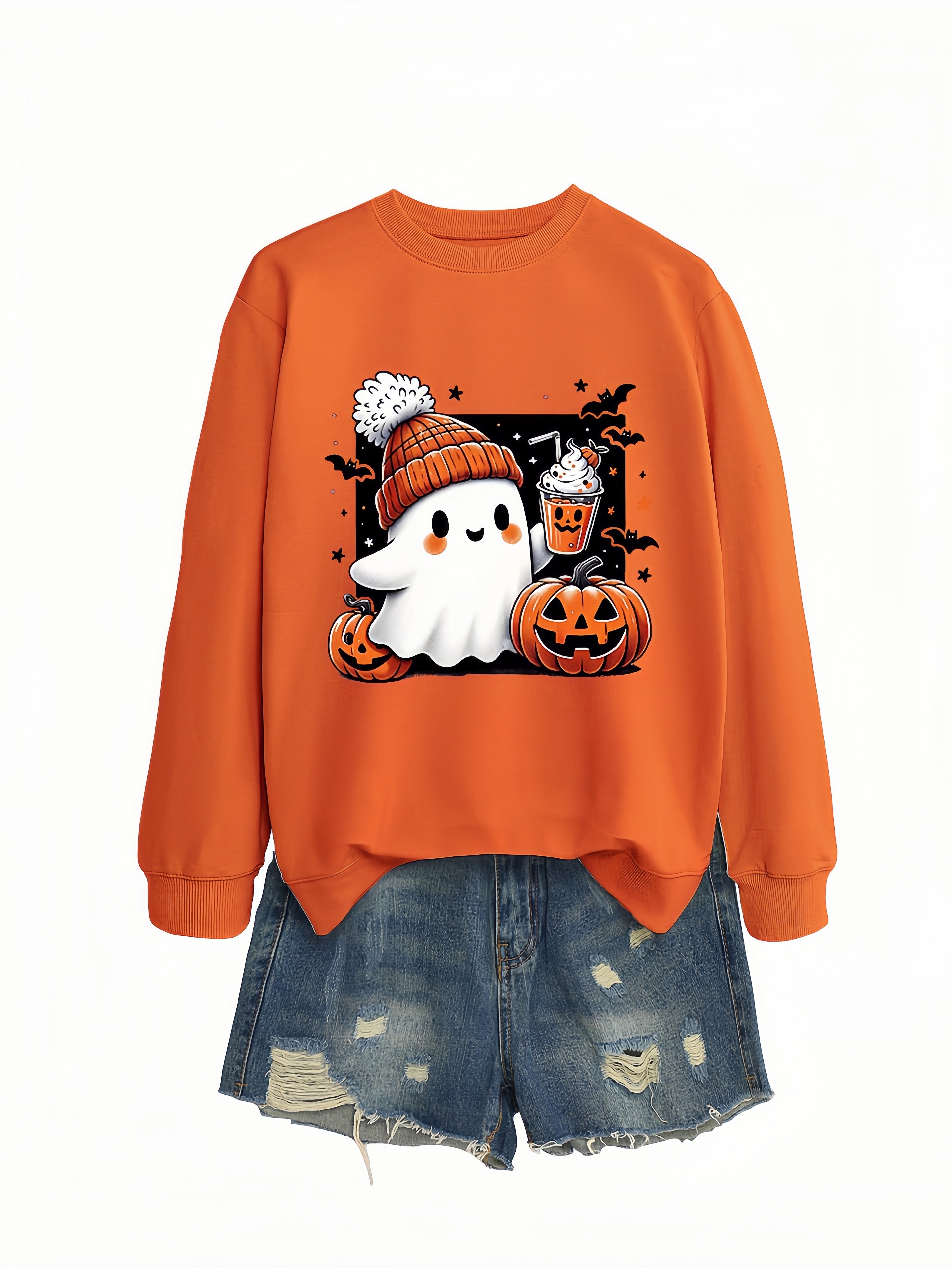 Betterthy Women's Fashionable Casual  Halloween Pumpkin Long SleeveCrewneck Sweatshirts