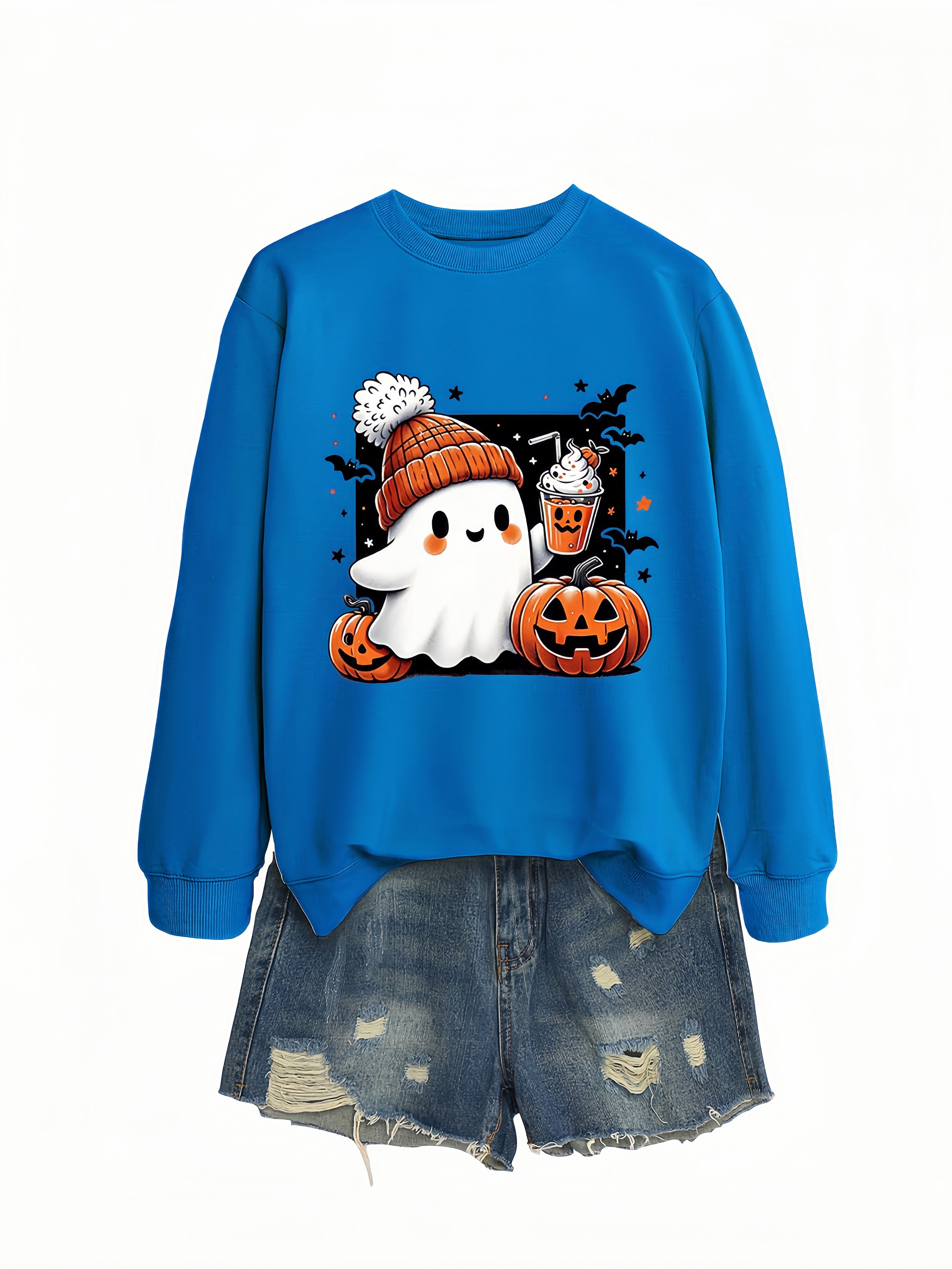 Betterthy Women's Fashionable Casual  Halloween Pumpkin Long SleeveCrewneck Sweatshirts