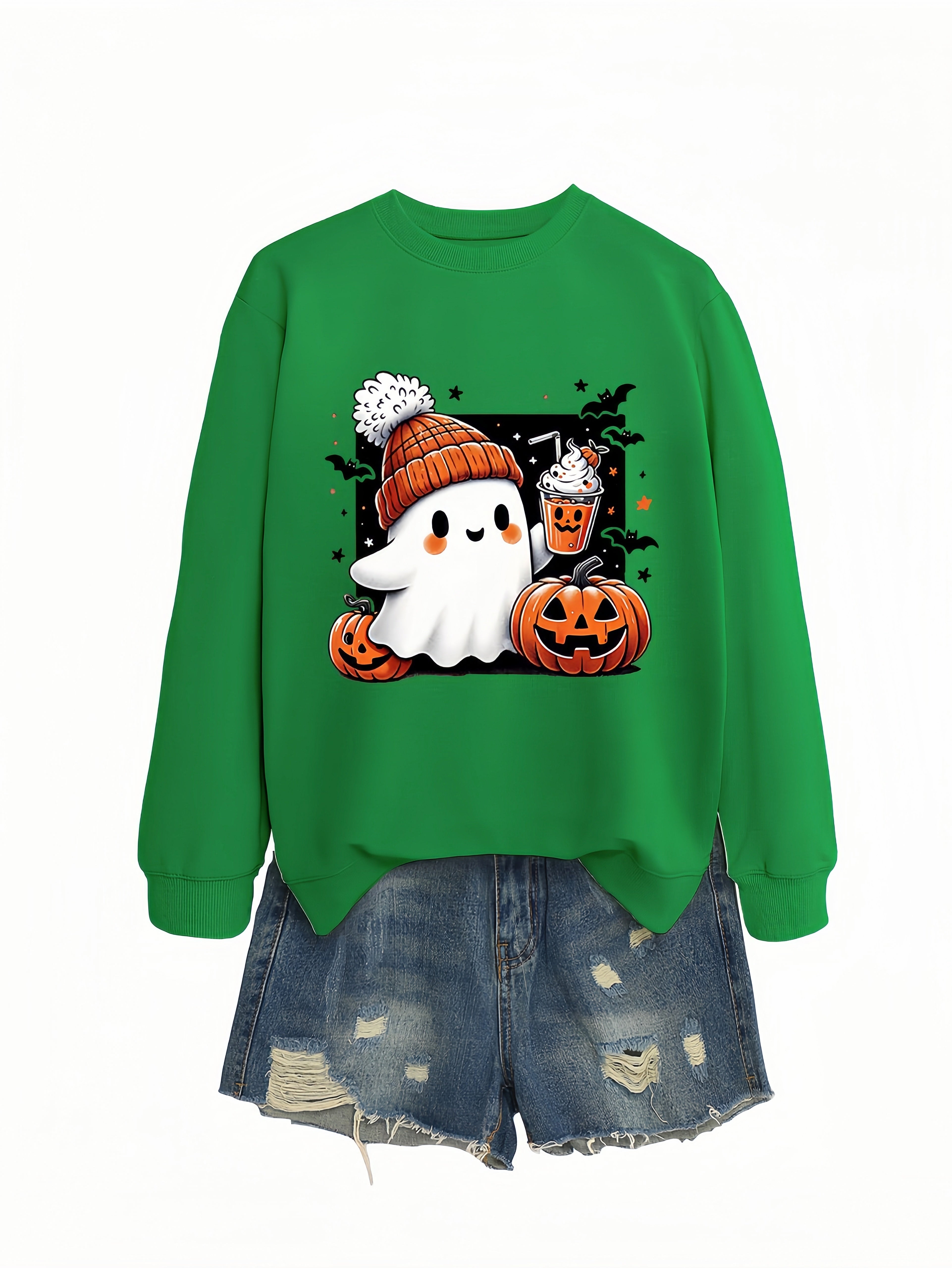 Betterthy Women's Fashionable Casual  Halloween Pumpkin Long SleeveCrewneck Sweatshirts