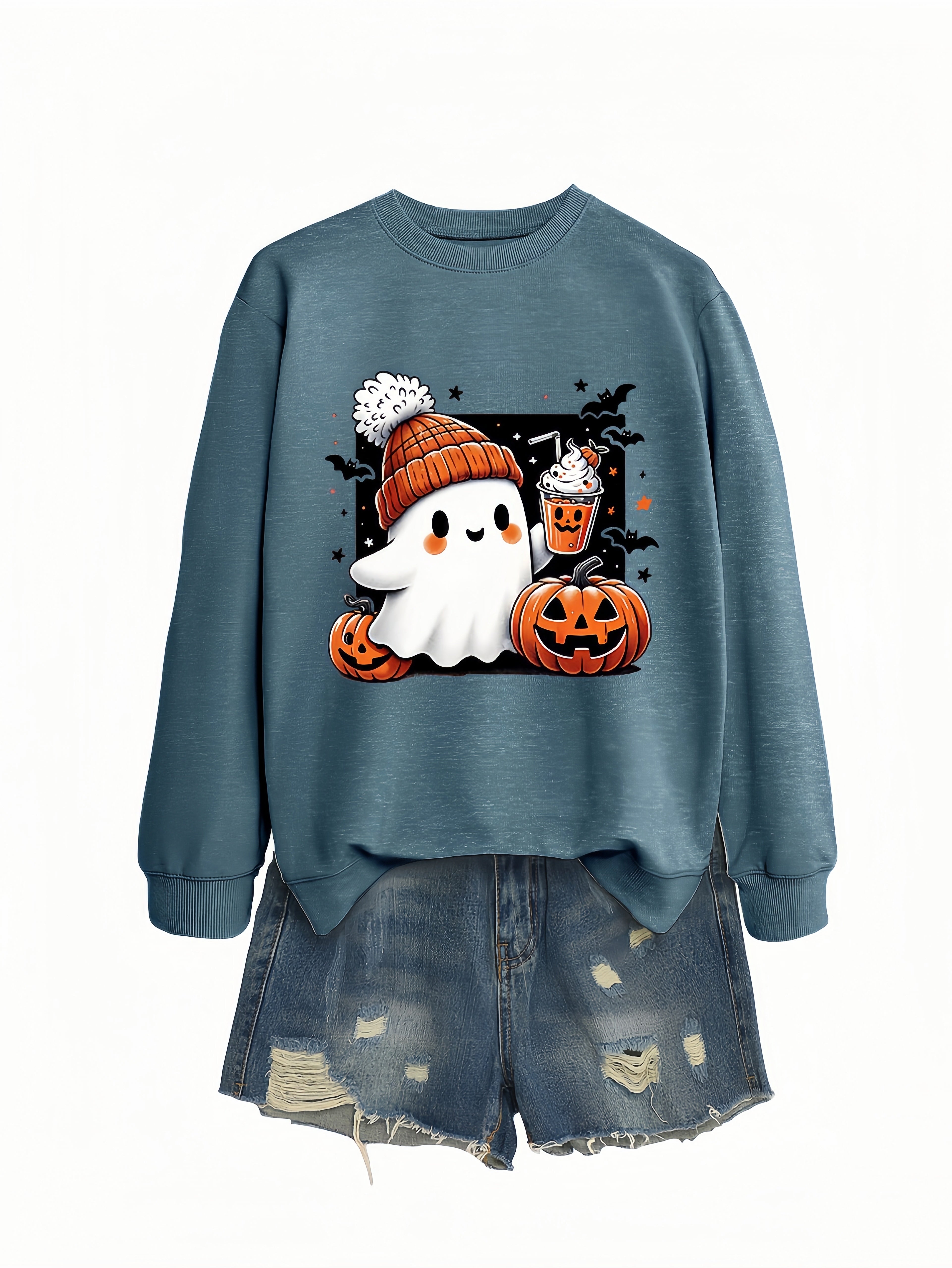 Betterthy Women's Fashionable Casual  Halloween Pumpkin Long SleeveCrewneck Sweatshirts