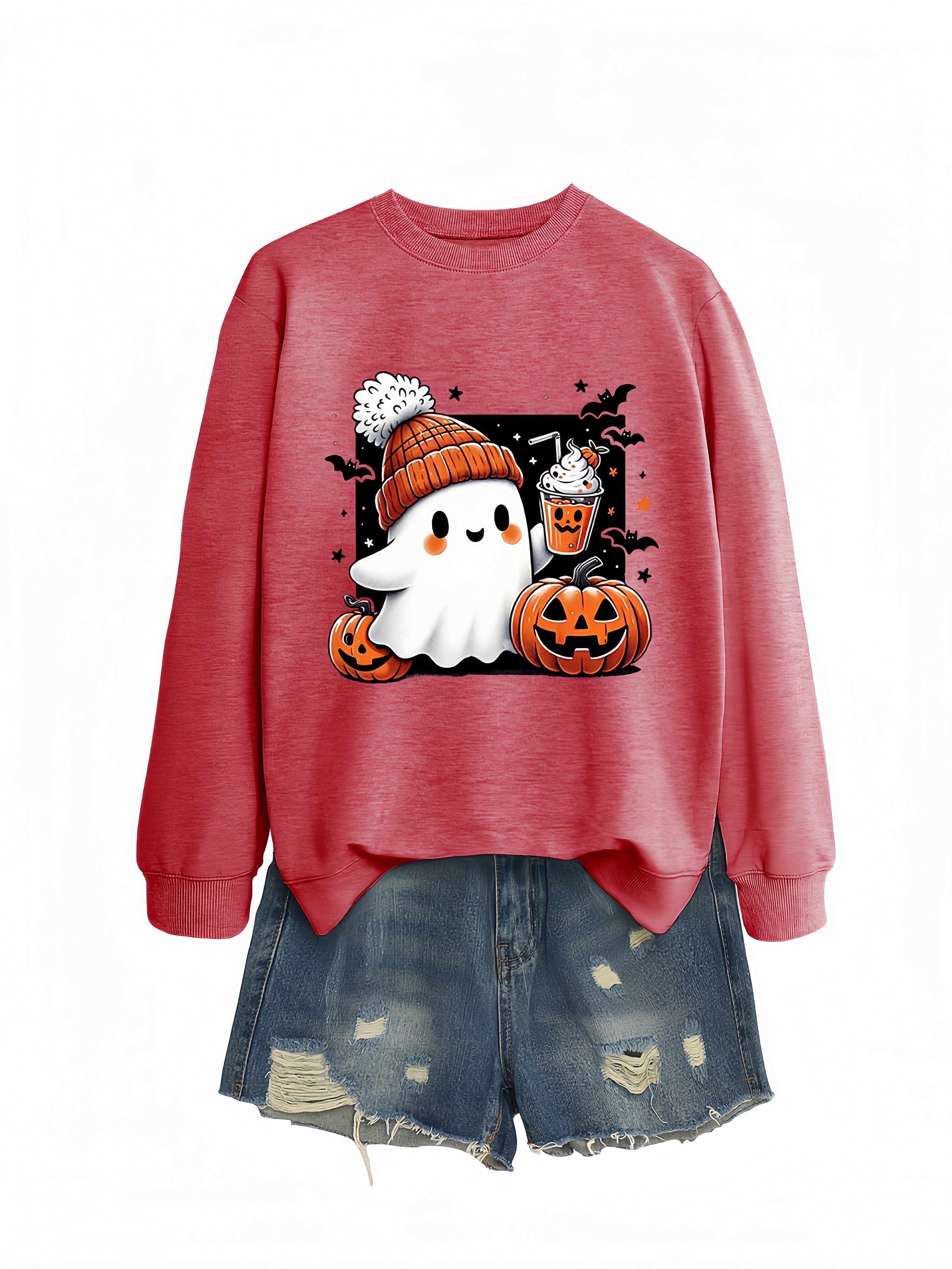 Betterthy Women's Fashionable Casual  Halloween Pumpkin Long SleeveCrewneck Sweatshirts
