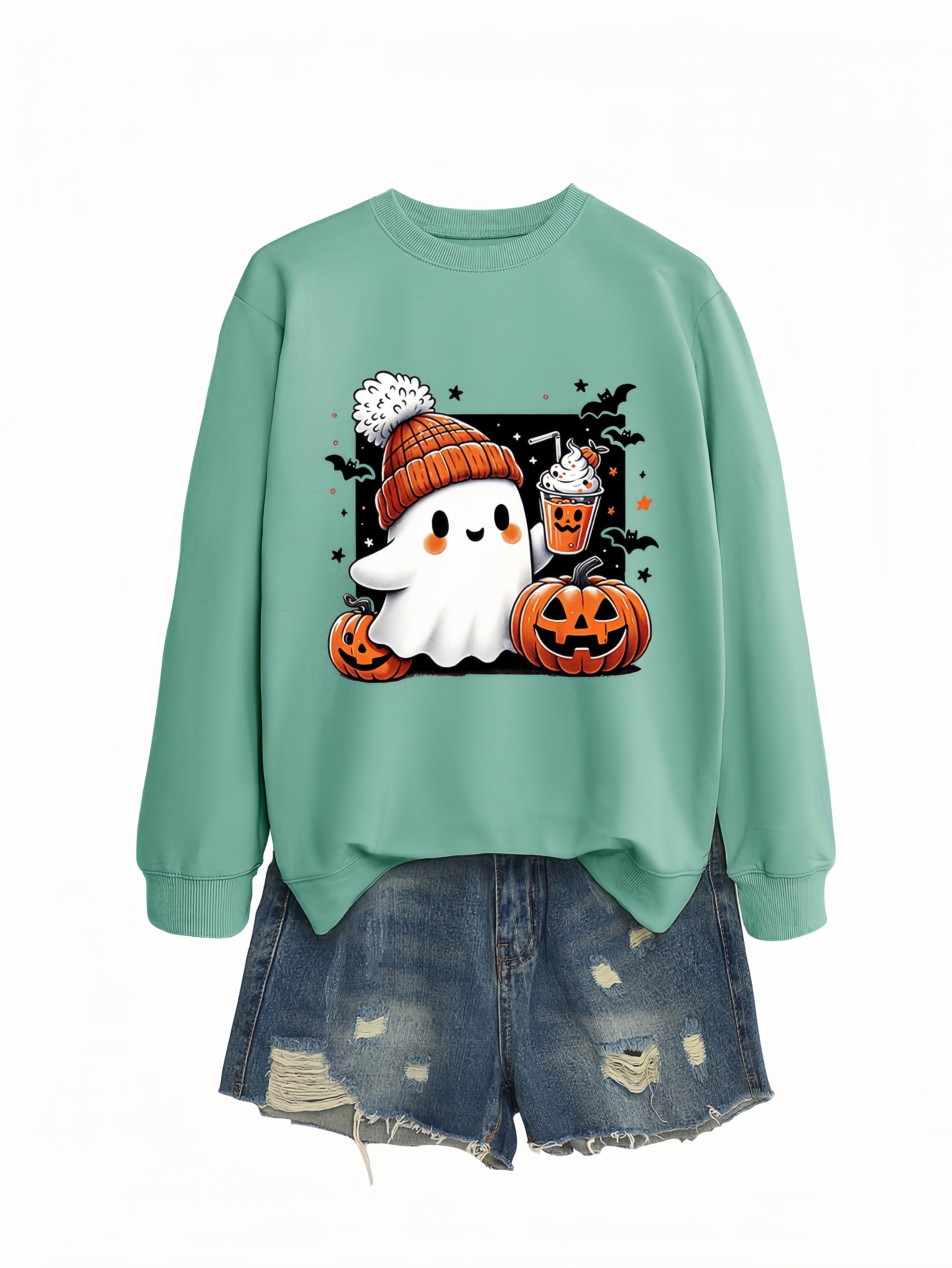 Betterthy Women's Fashionable Casual  Halloween Pumpkin Long SleeveCrewneck Sweatshirts