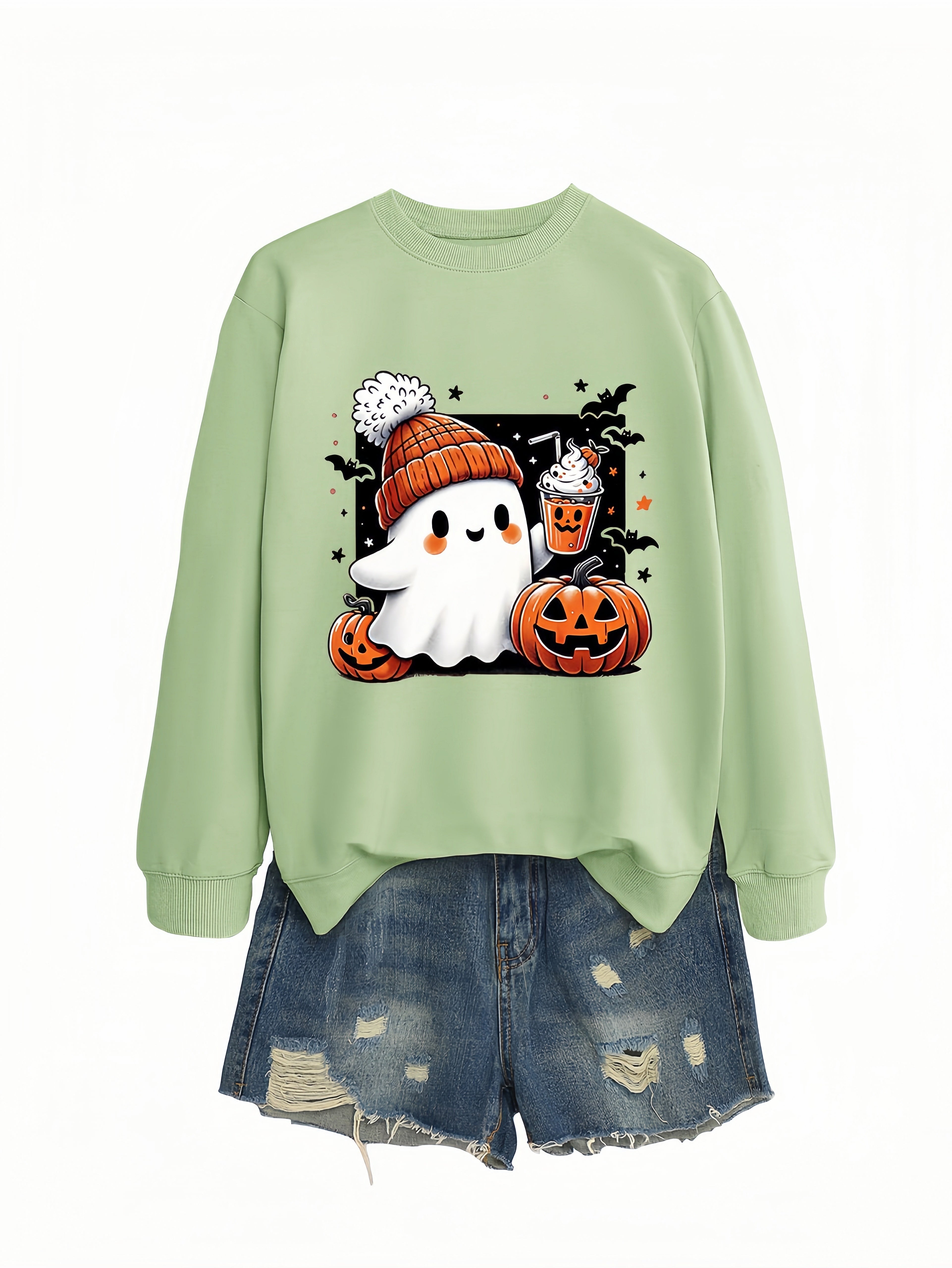 Betterthy Women's Fashionable Casual  Halloween Pumpkin Long SleeveCrewneck Sweatshirts