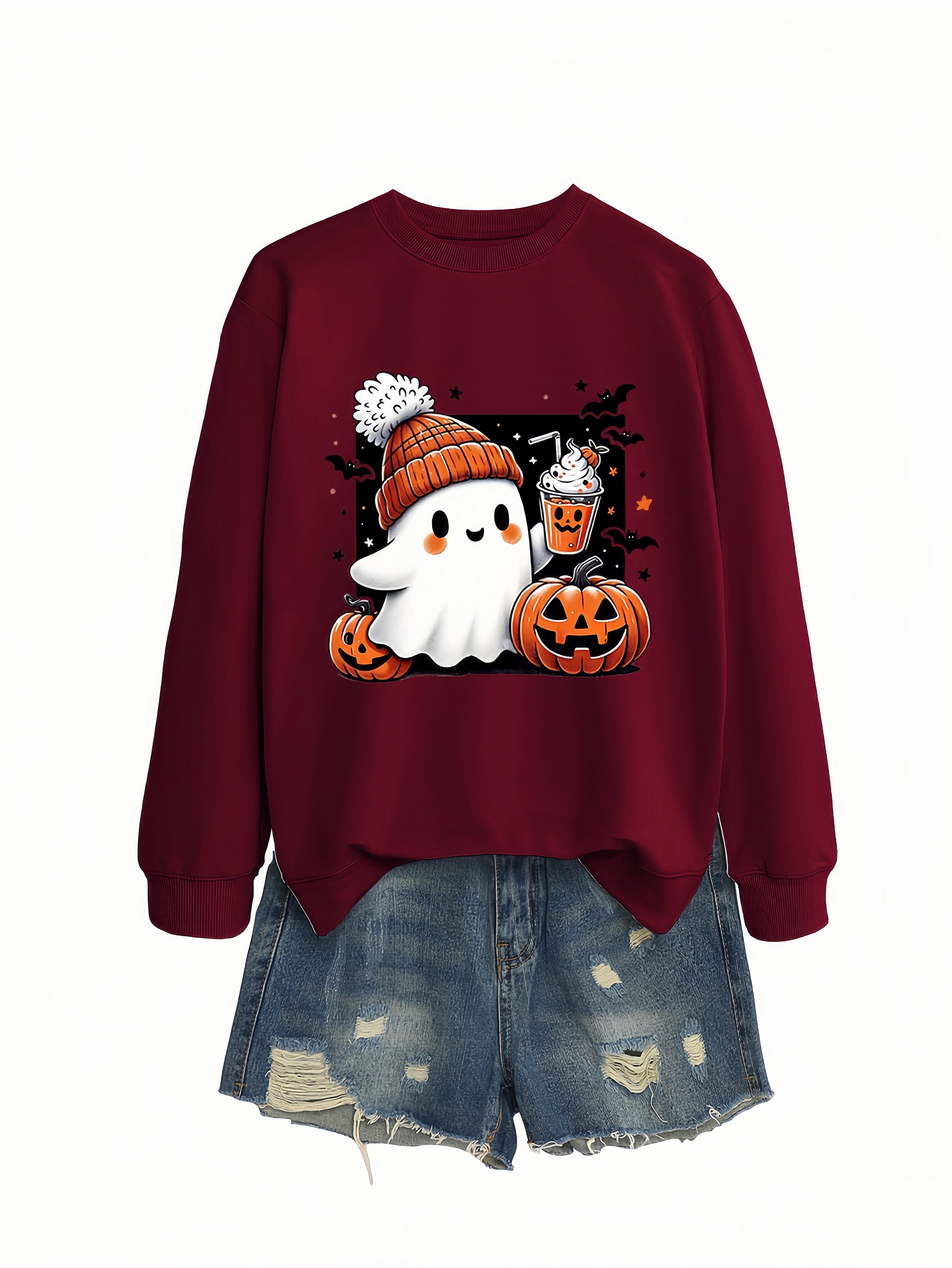 Betterthy Women's Fashionable Casual  Halloween Pumpkin Long SleeveCrewneck Sweatshirts