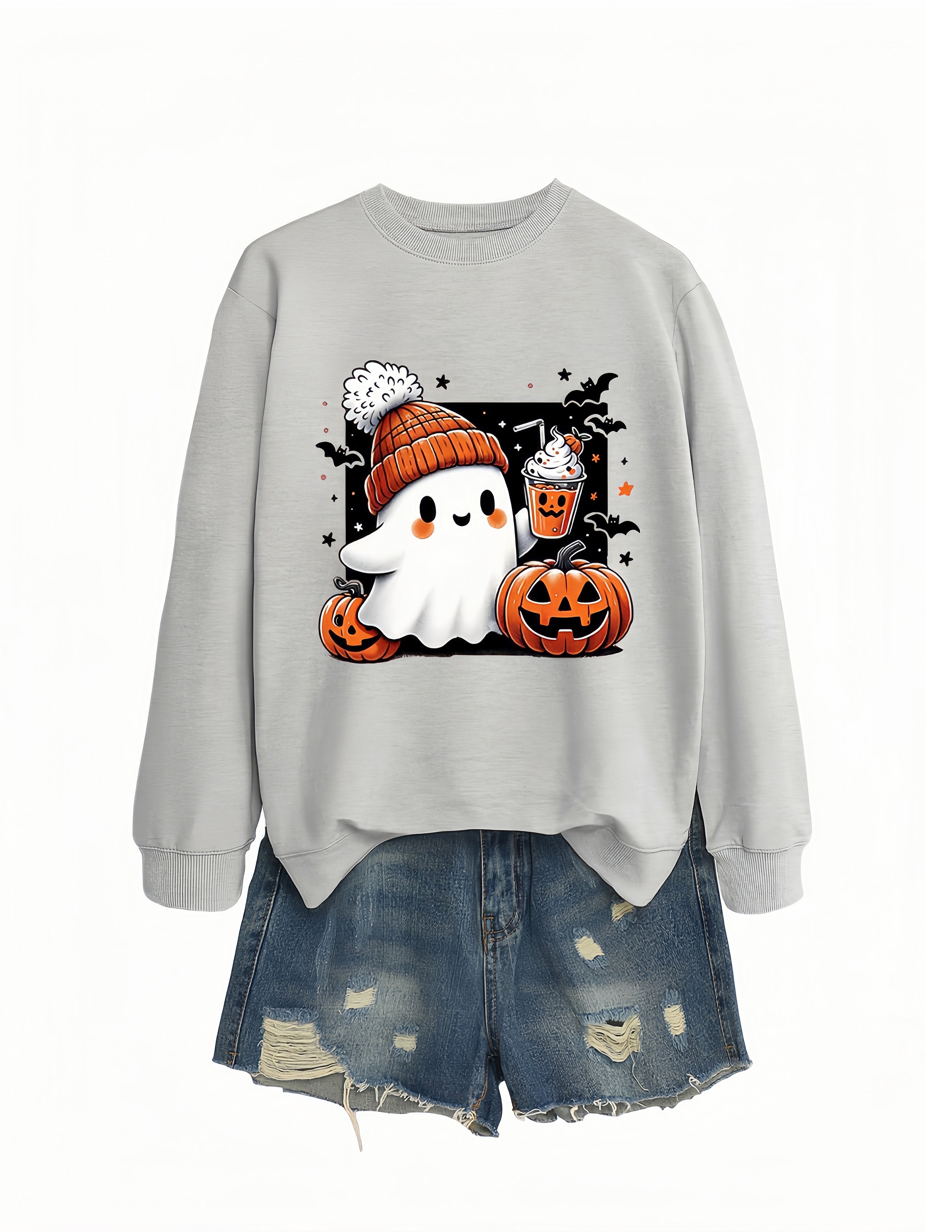 Betterthy Women's Fashionable Casual  Halloween Pumpkin Long SleeveCrewneck Sweatshirts