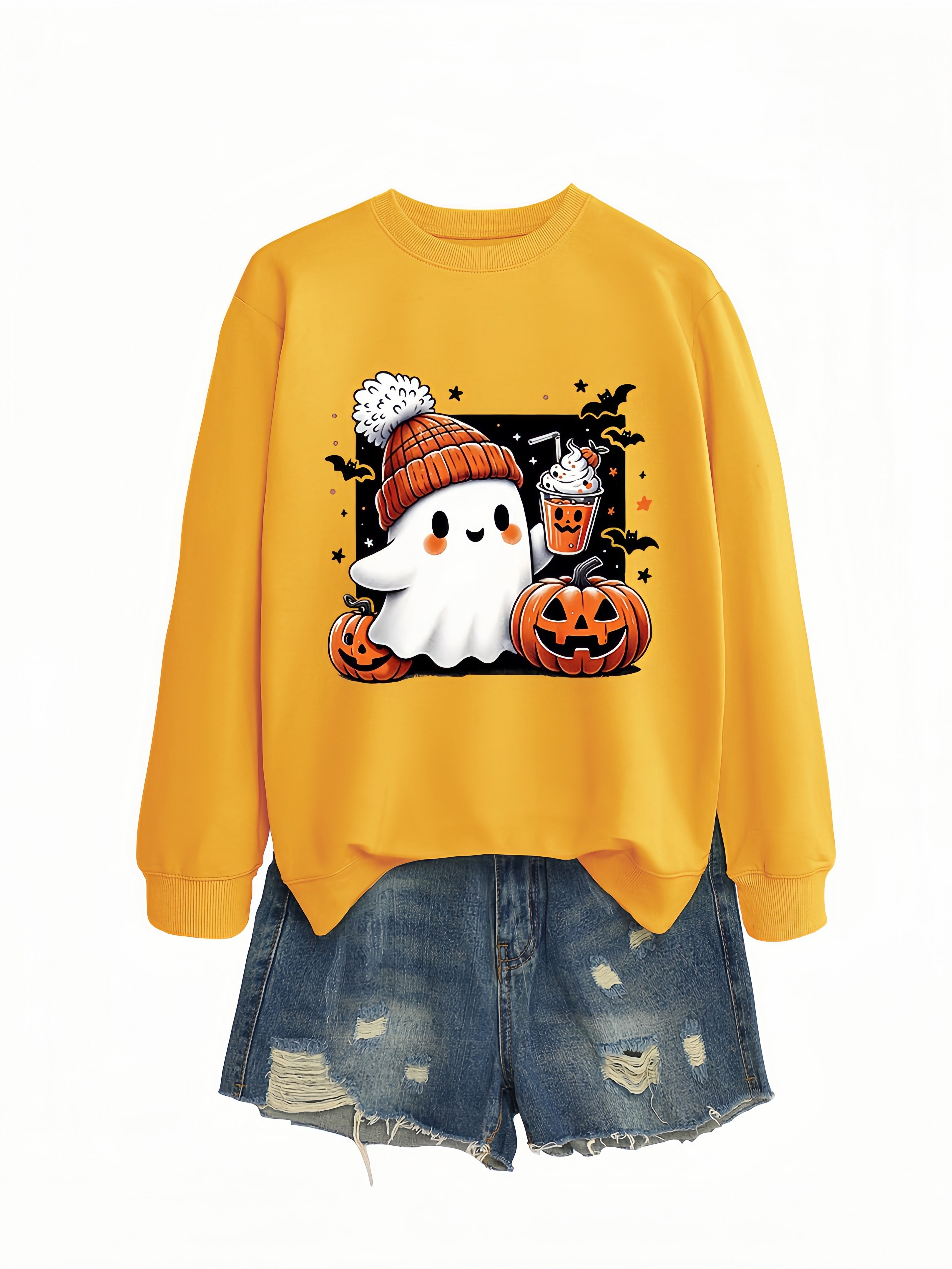 Betterthy Women's Fashionable Casual  Halloween Pumpkin Long SleeveCrewneck Sweatshirts
