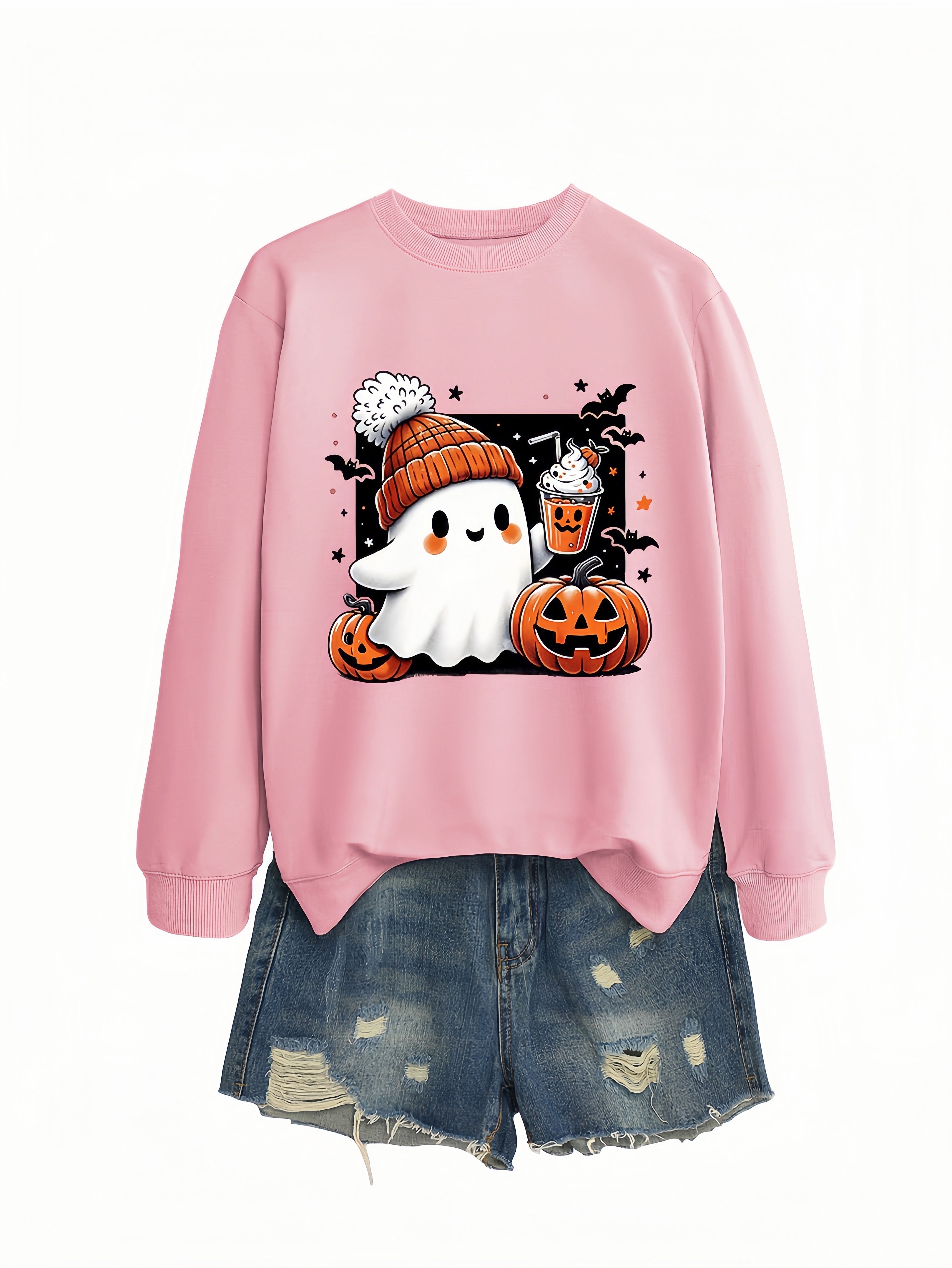 Betterthy Women's Fashionable Casual  Halloween Pumpkin Long SleeveCrewneck Sweatshirts