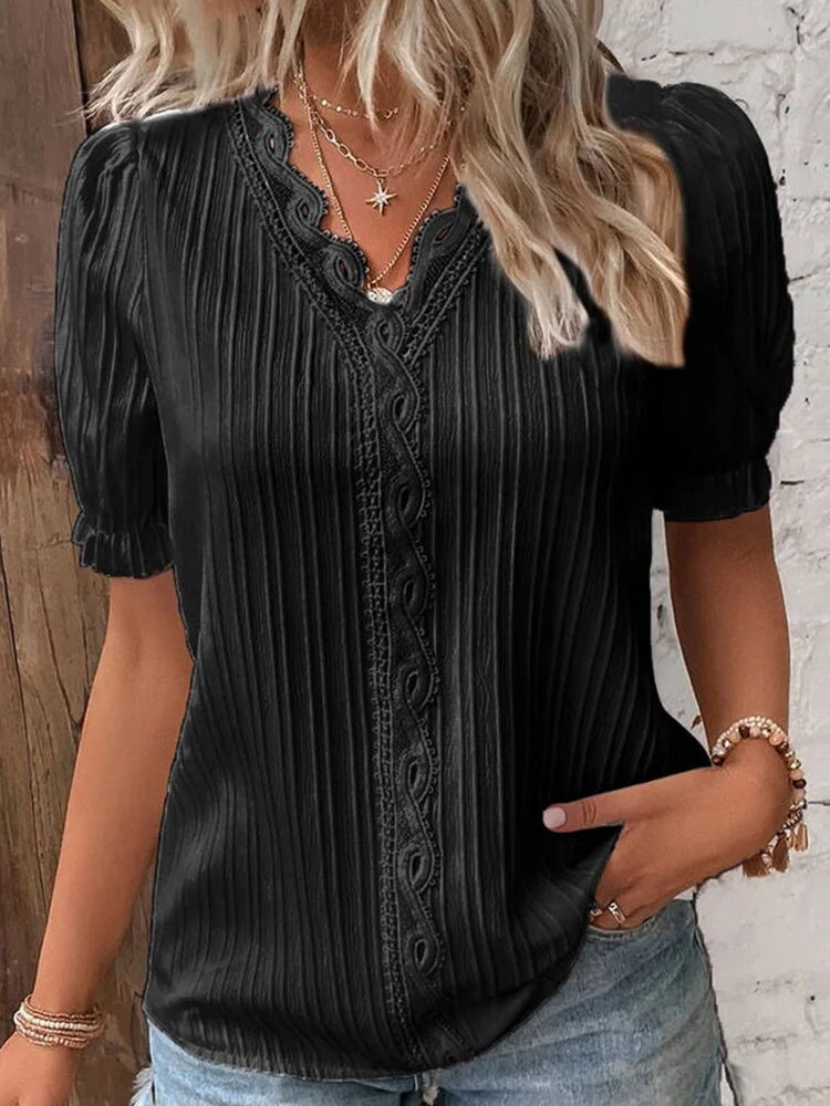 Betterthy🔥Summer Hot Sale🔥V Neck Plain Lace Elegant Shirt
