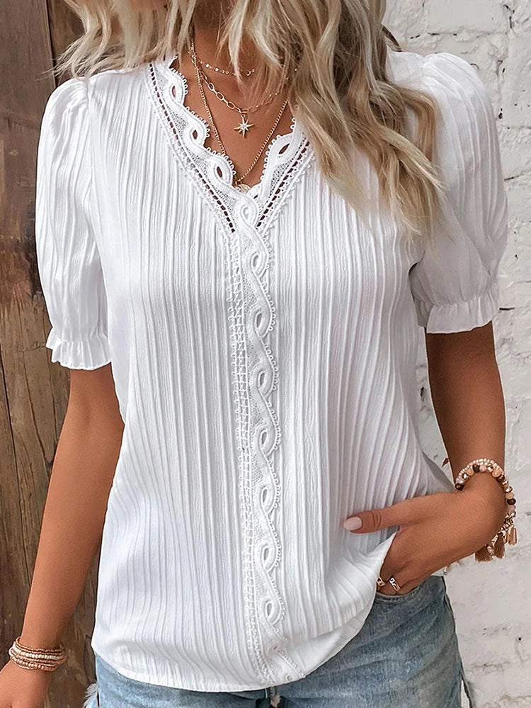 Betterthy🔥Summer Hot Sale🔥V Neck Plain Lace Elegant Shirt