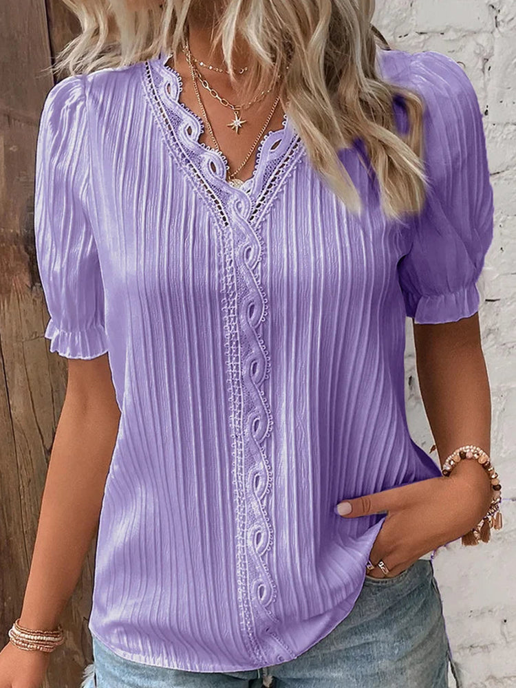 Betterthy🔥Summer Hot Sale🔥V Neck Plain Lace Elegant Shirt
