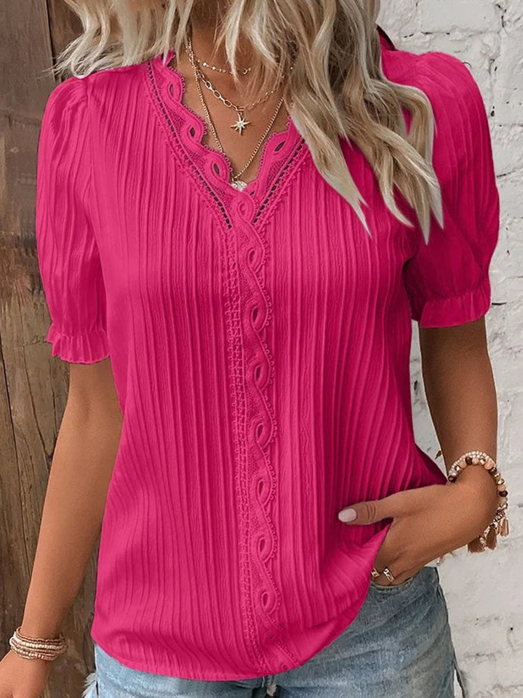 Betterthy🔥Summer Hot Sale🔥V Neck Plain Lace Elegant Shirt
