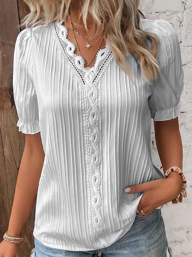 Betterthy🔥Summer Hot Sale🔥V Neck Plain Lace Elegant Shirt