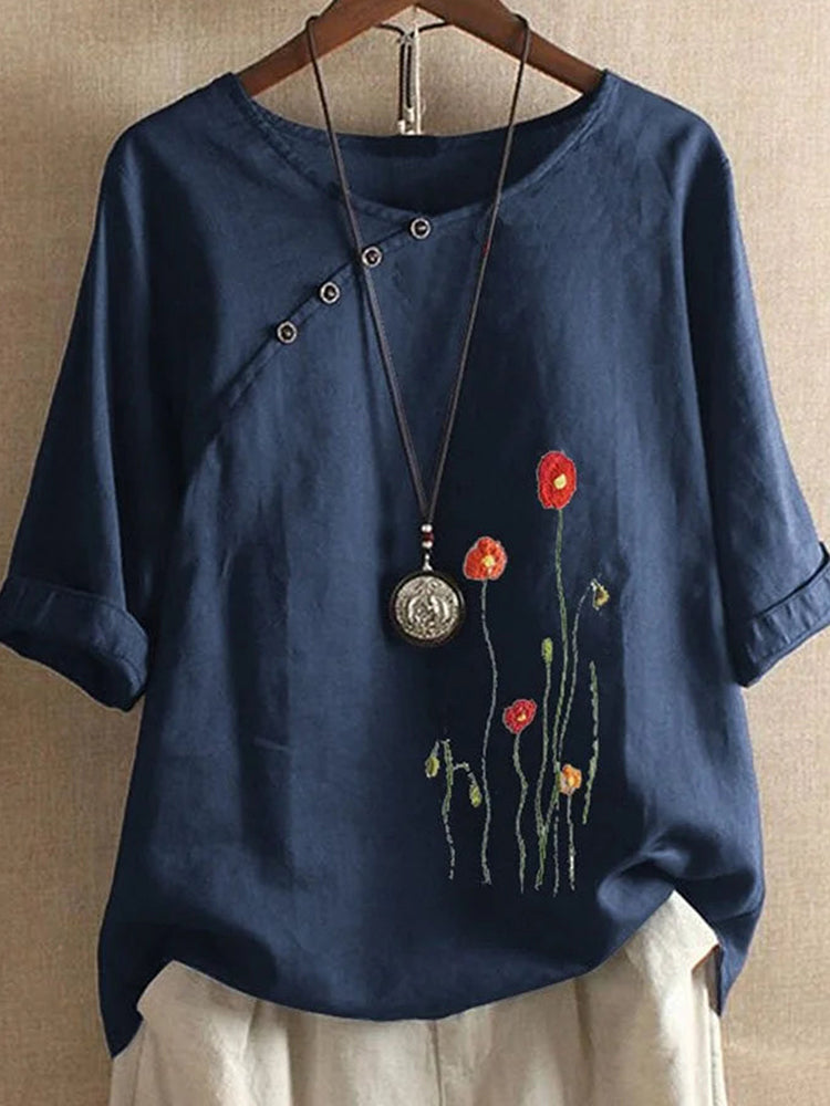 Betterthy Twist-Button Vintage Print Top Blouse