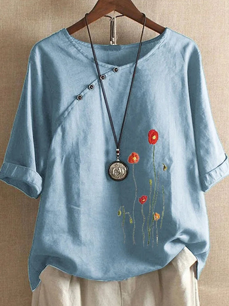 Betterthy Twist-Button Vintage Print Top Blouse