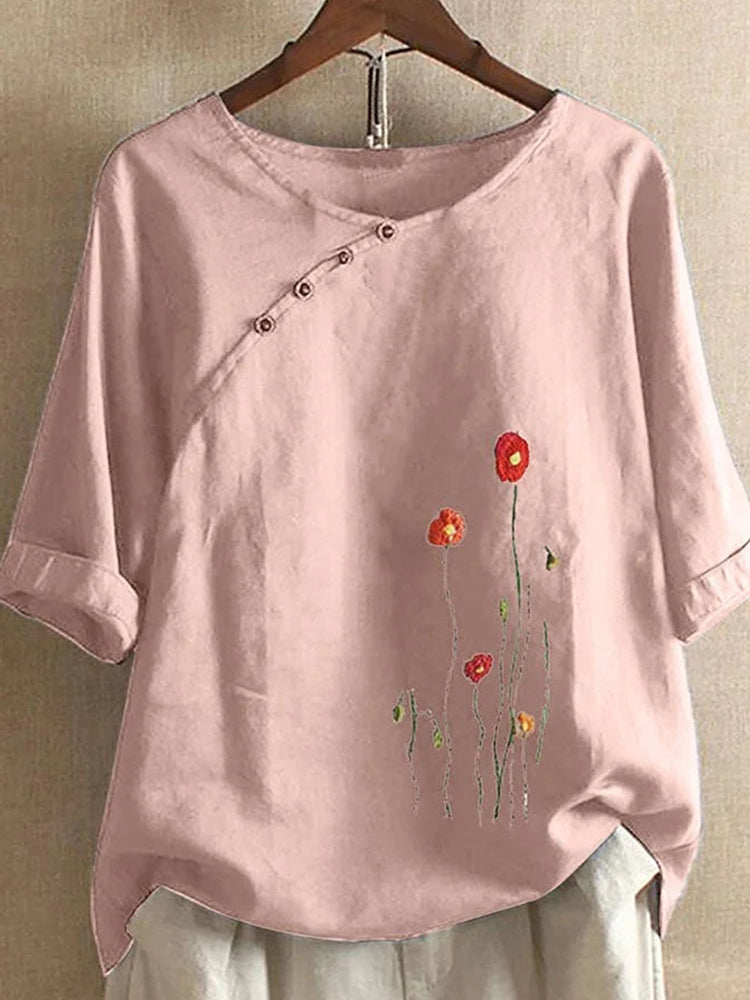 Betterthy Twist-Button Vintage Print Top Blouse