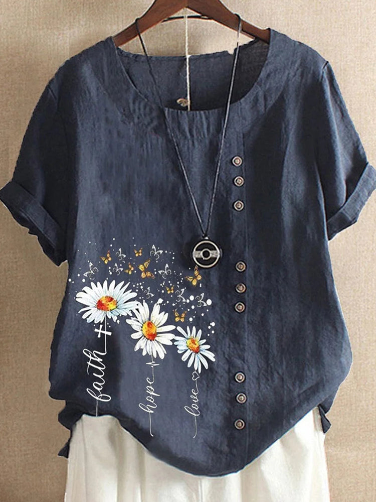 Betterthy Women's Faith Hope Love Cotton Hemp Daisy Print Casual Short Sleeve Blouse