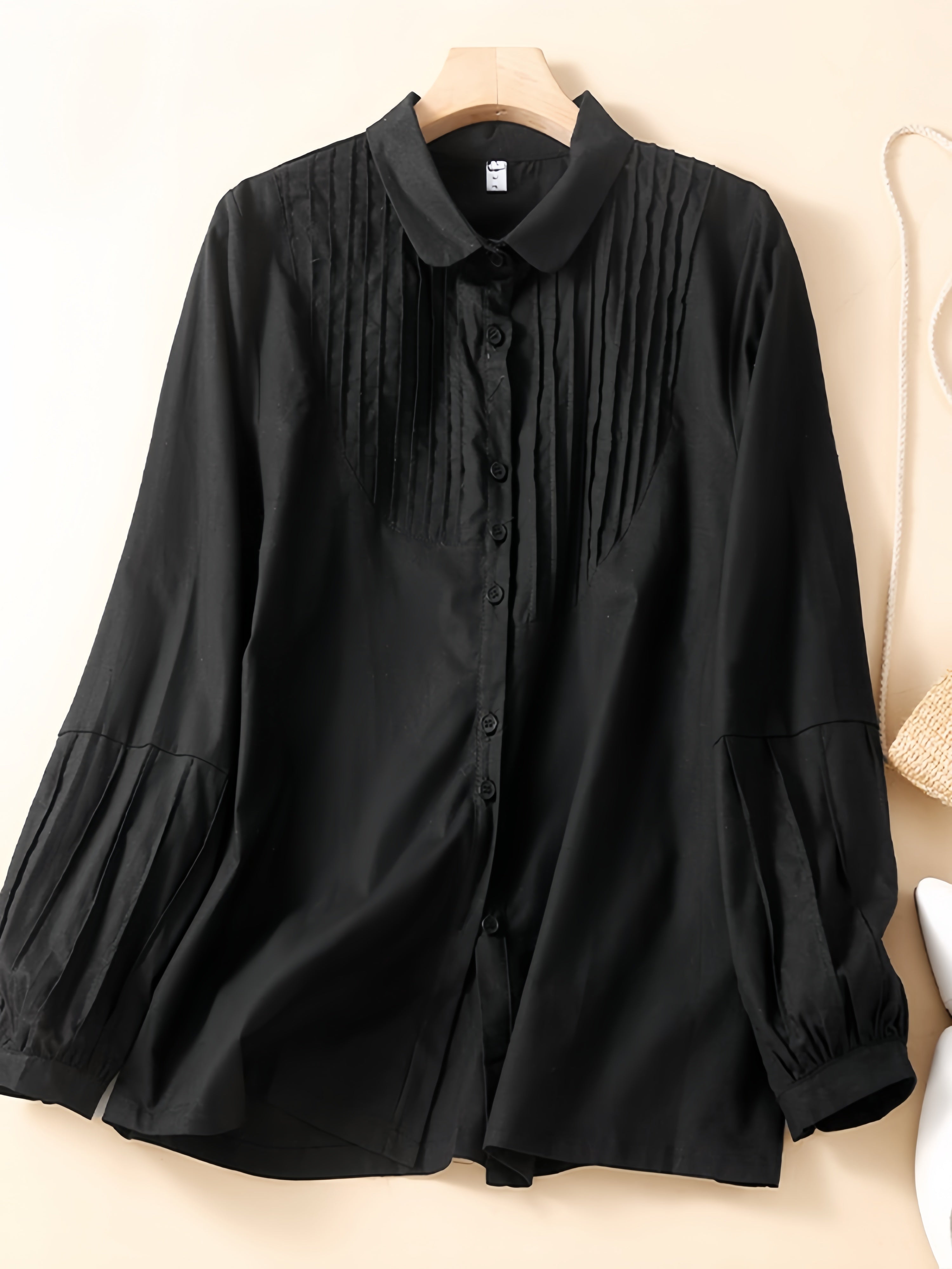 Betterthy Polo Collar Long Sleeved Vintage Cotton and Linen Pleated Shirt