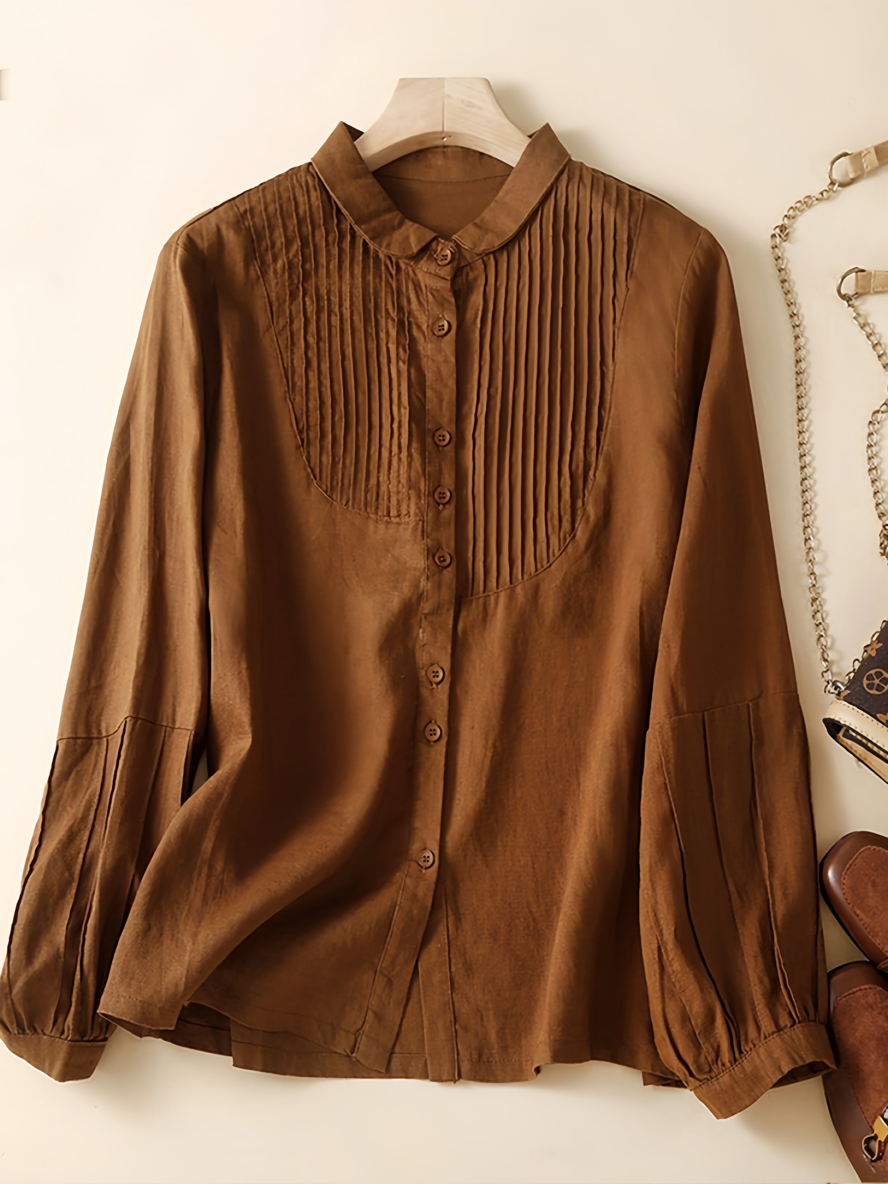 Betterthy Polo Collar Long Sleeved Vintage Cotton and Linen Pleated Shirt